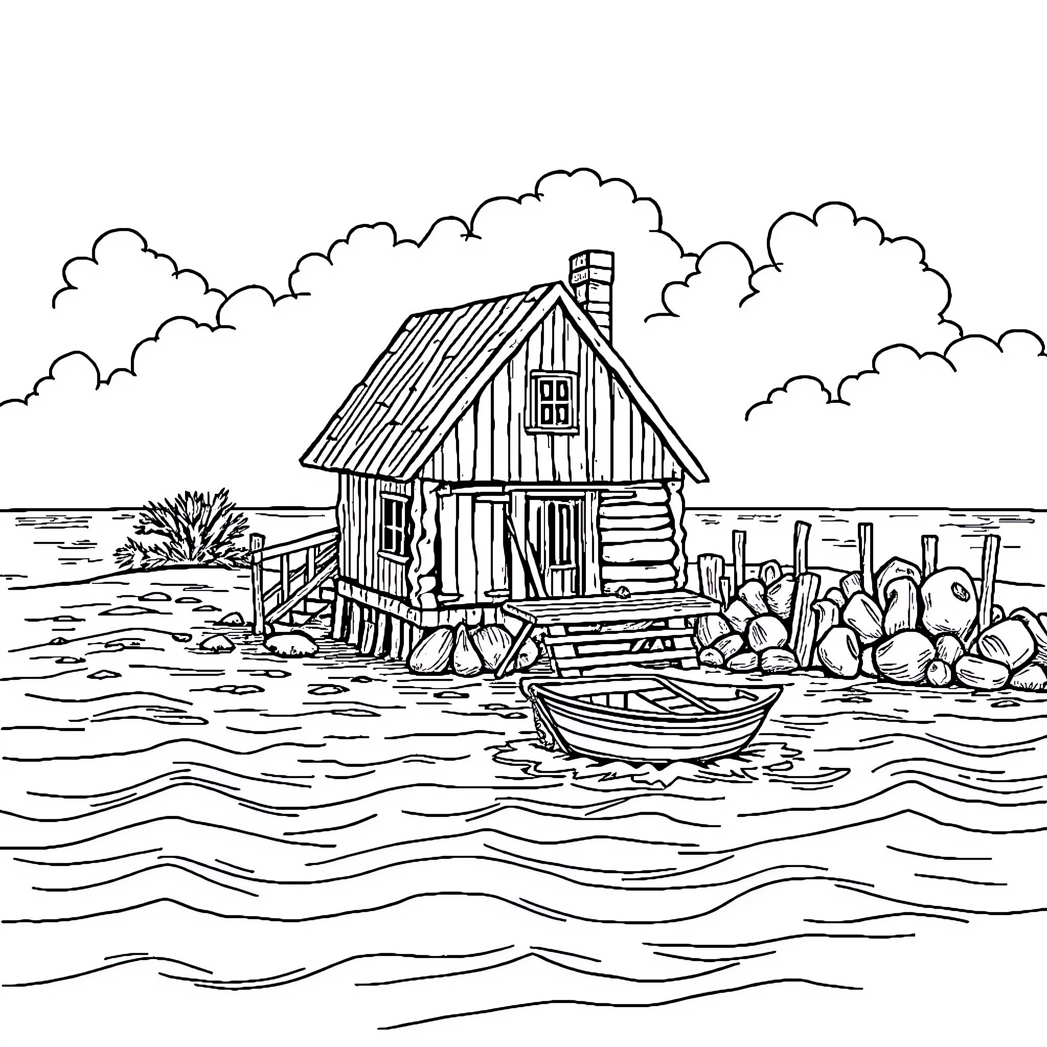 Boathouse by the lake with boat Coloring Page (free black-and-white line drawing printable PDF for all, from beginners to advanced learners, including children, teens, adults, and seniors)