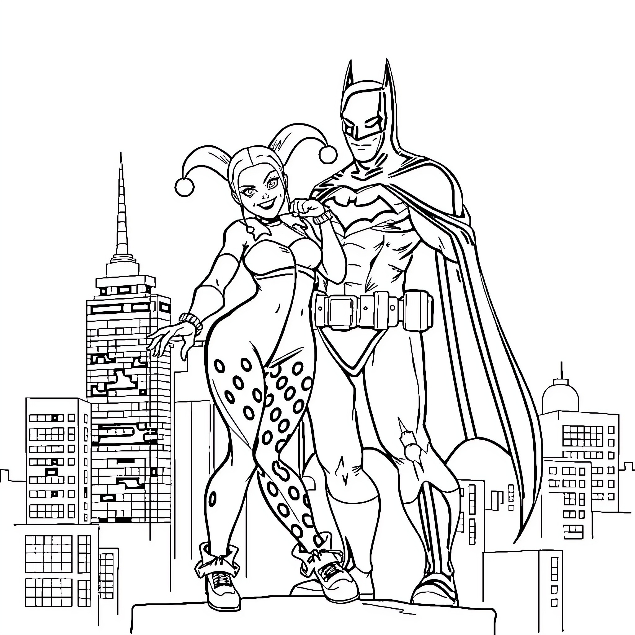 Harley Quinn and Batman explore the city skyline Coloring Page (free black-and-white line drawing printable PDF for all, from beginners to advanced learners, including children, teens, adults, and seniors)