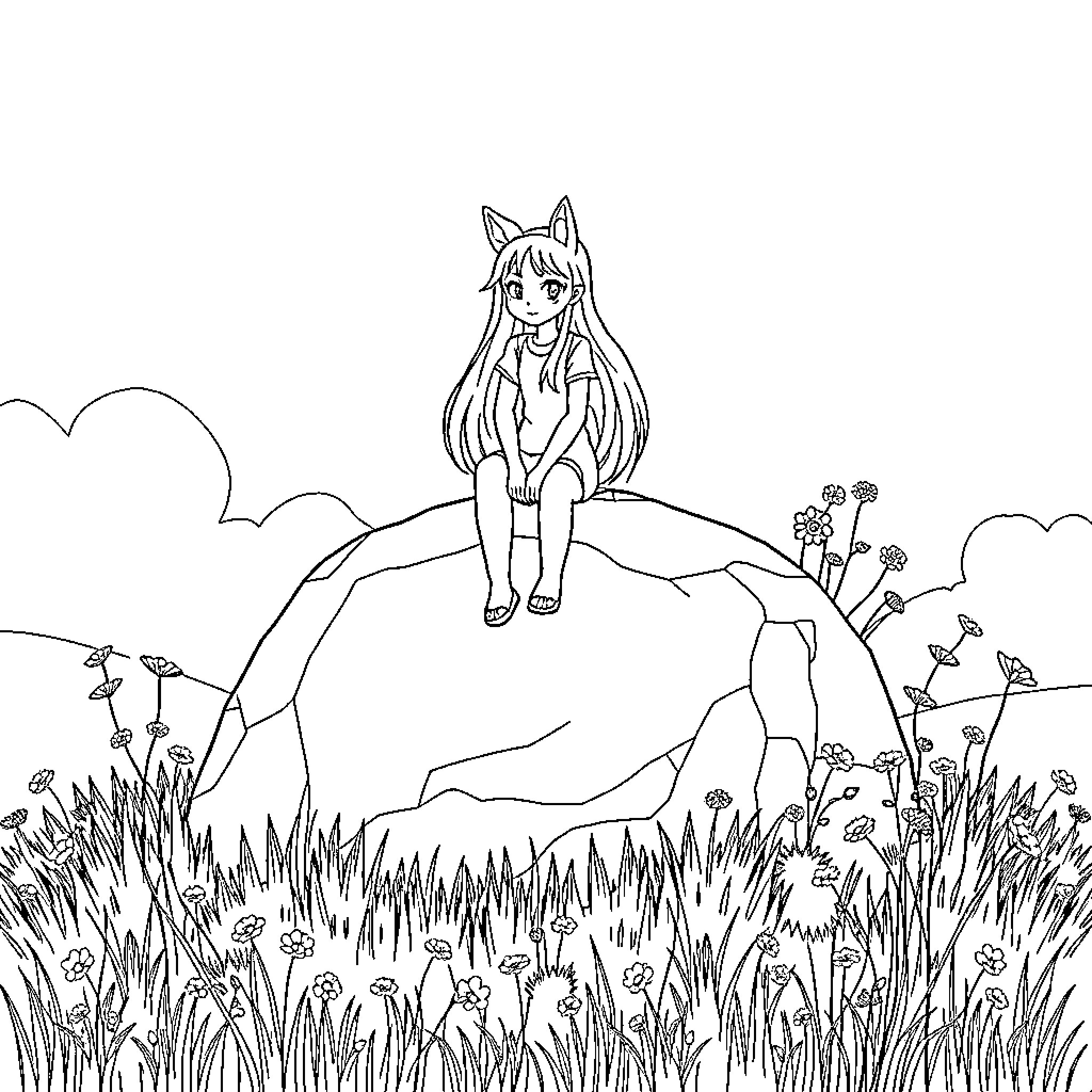 Wulf sitting peacefully on a grassy hill Coloring Page (free black-and-white line drawing printable PDF for all, from beginners to advanced learners, including children, teens, adults, and seniors)