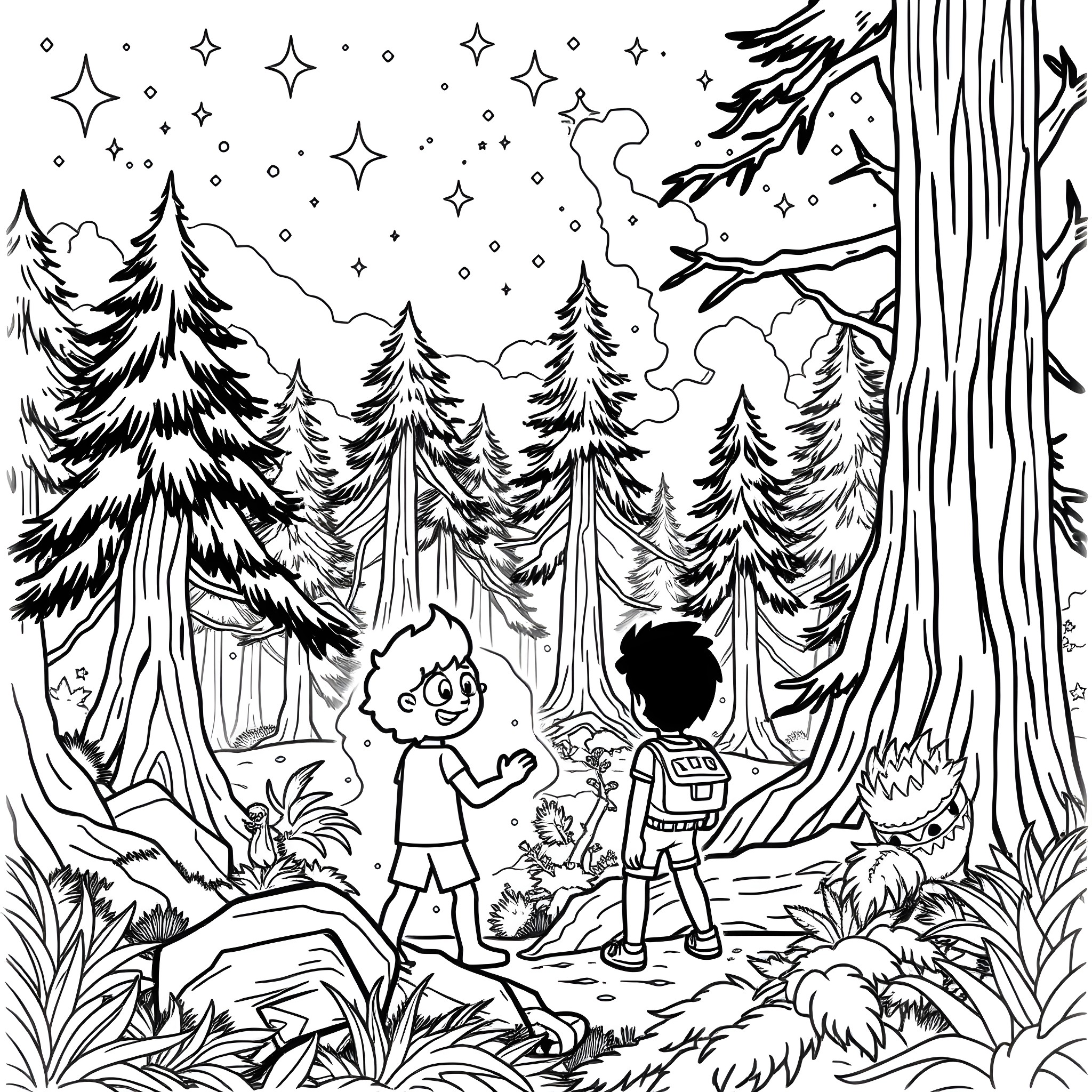 Steven Universe exploring the magical forest at night Coloring Page (free black-and-white line drawing printable PDF for all, from beginners to advanced learners, including children, teens, adults, and seniors)