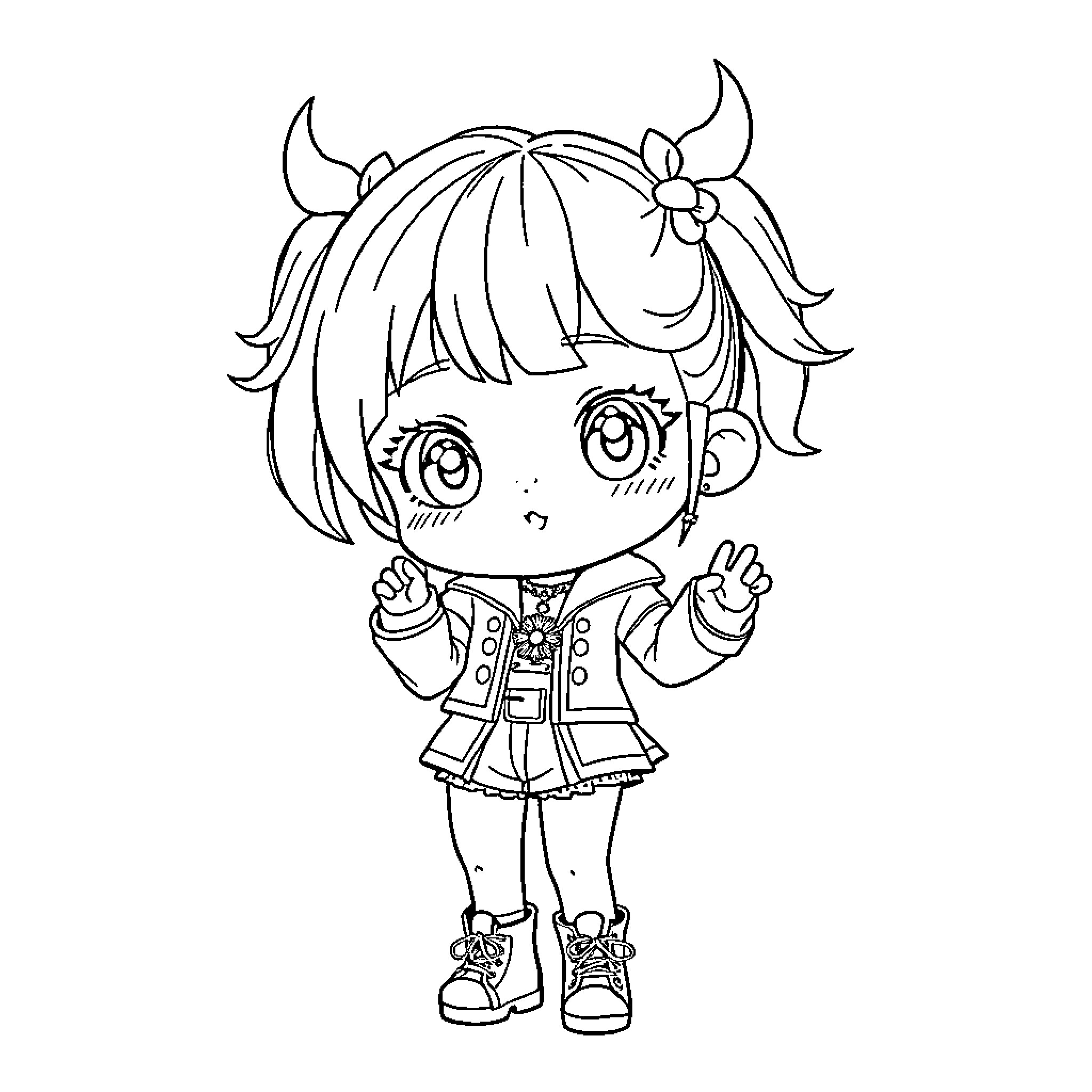 Saja's Playful Expression and Cheerful Outfit Coloring Page (free black-and-white line drawing printable PDF for all, from beginners to advanced learners, including children, teens, adults, and seniors)