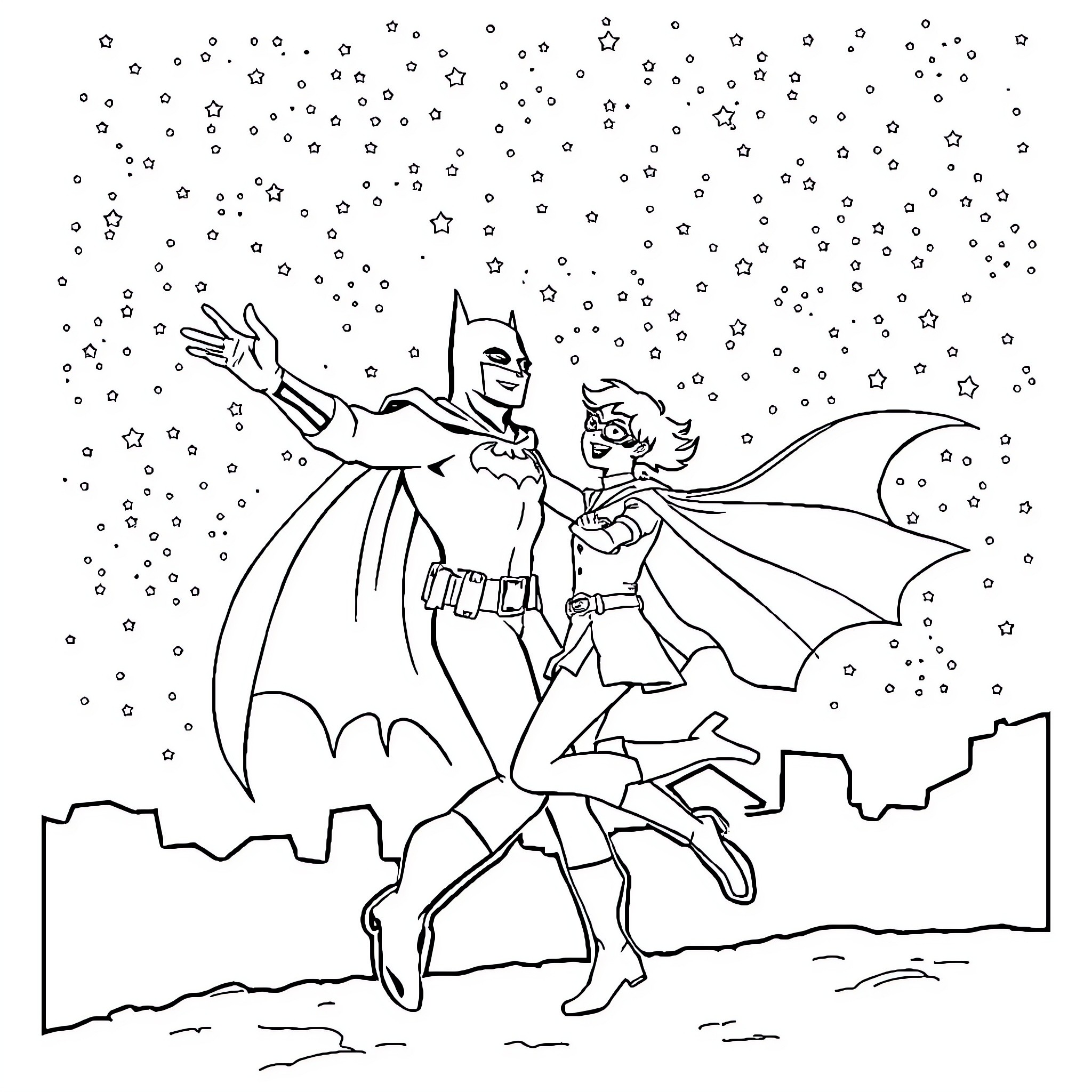 Batman and Robin soar through a starry night Coloring Page (free black-and-white line drawing printable PDF for all, from beginners to advanced learners, including children, teens, adults, and seniors)