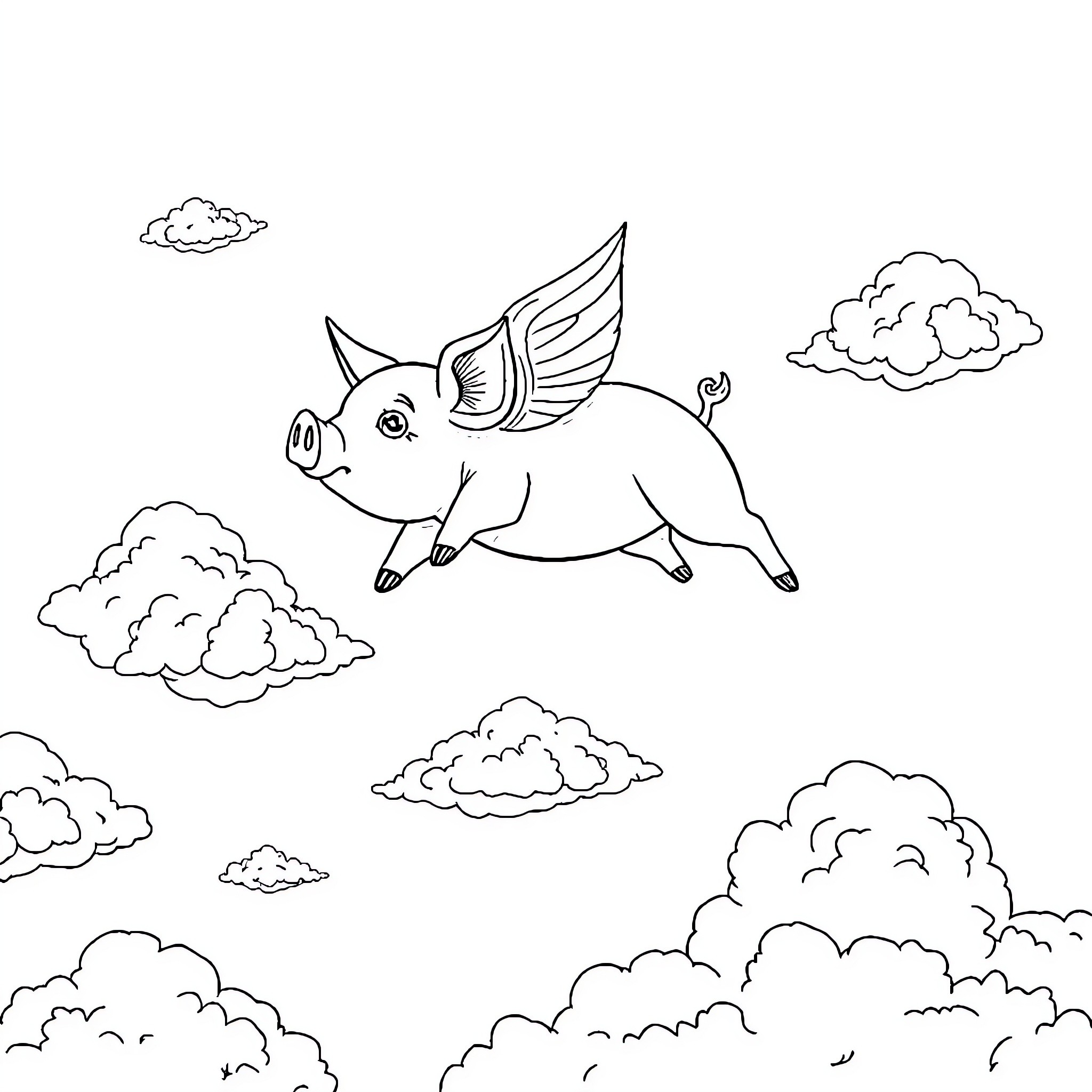 Flying Pig soaring through whimsical clouds Coloring Page (free black-and-white line drawing printable PDF for all, from beginners to advanced learners, including children, teens, adults, and seniors)