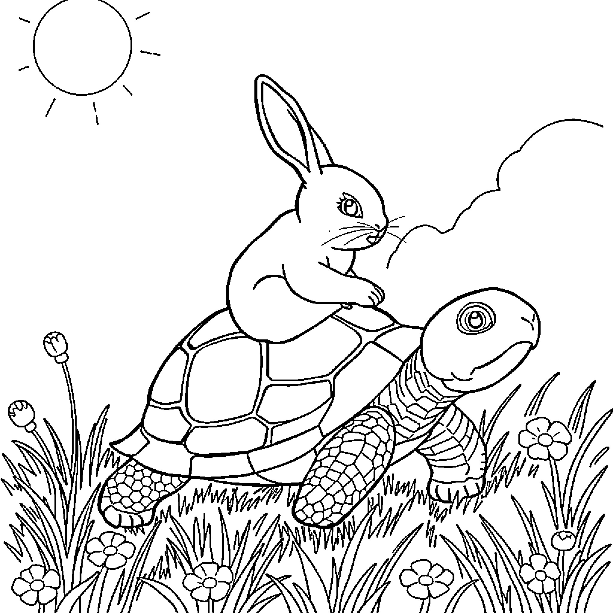 Rabbit riding a turtle in a sunny garden Coloring Page (free black-and-white line drawing printable PDF for all, from beginners to advanced learners, including children, teens, adults, and seniors)