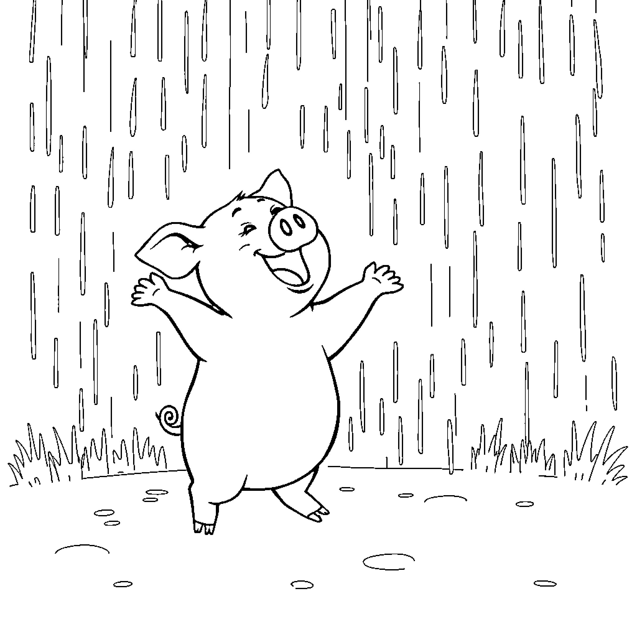 Pig enjoying the rain happily Coloring Page (free black-and-white line drawing printable PDF for all, from beginners to advanced learners, including children, teens, adults, and seniors)