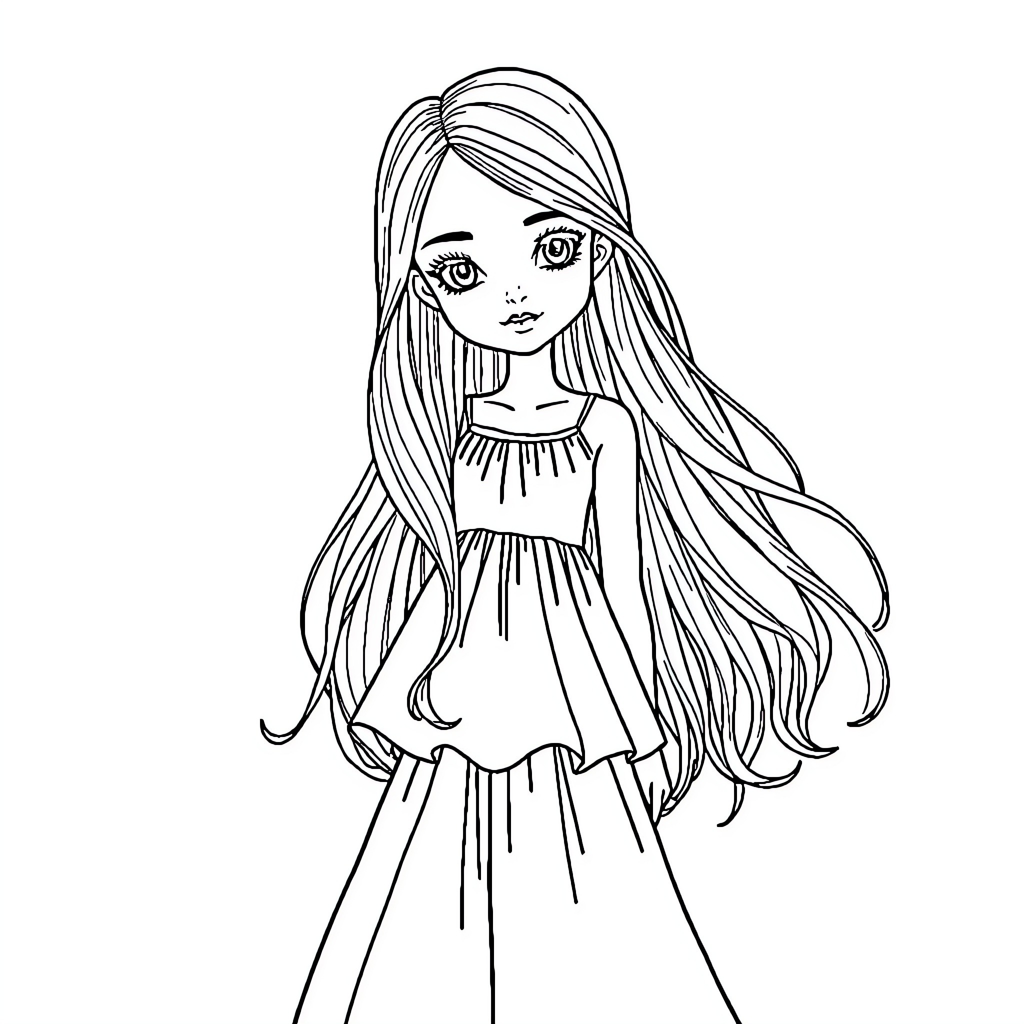 Girl in elegant long dress with flowing hair Coloring Page (free black-and-white line drawing printable PDF for all, from beginners to advanced learners, including children, teens, adults, and seniors)