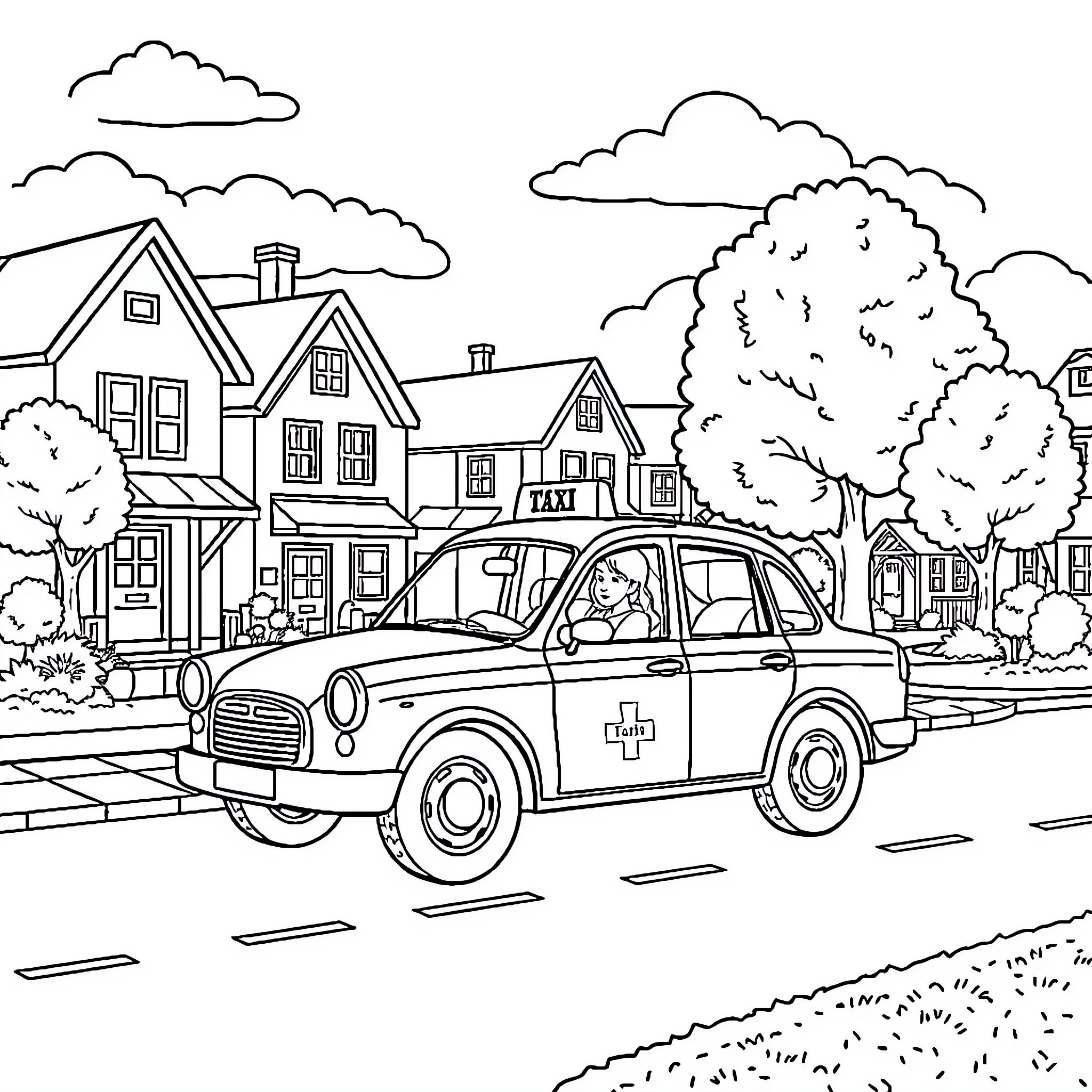 Taxi transporting passenger through neighborhood Coloring Page (free black-and-white line drawing printable PDF for all, from beginners to advanced learners, including children, teens, adults, and seniors)