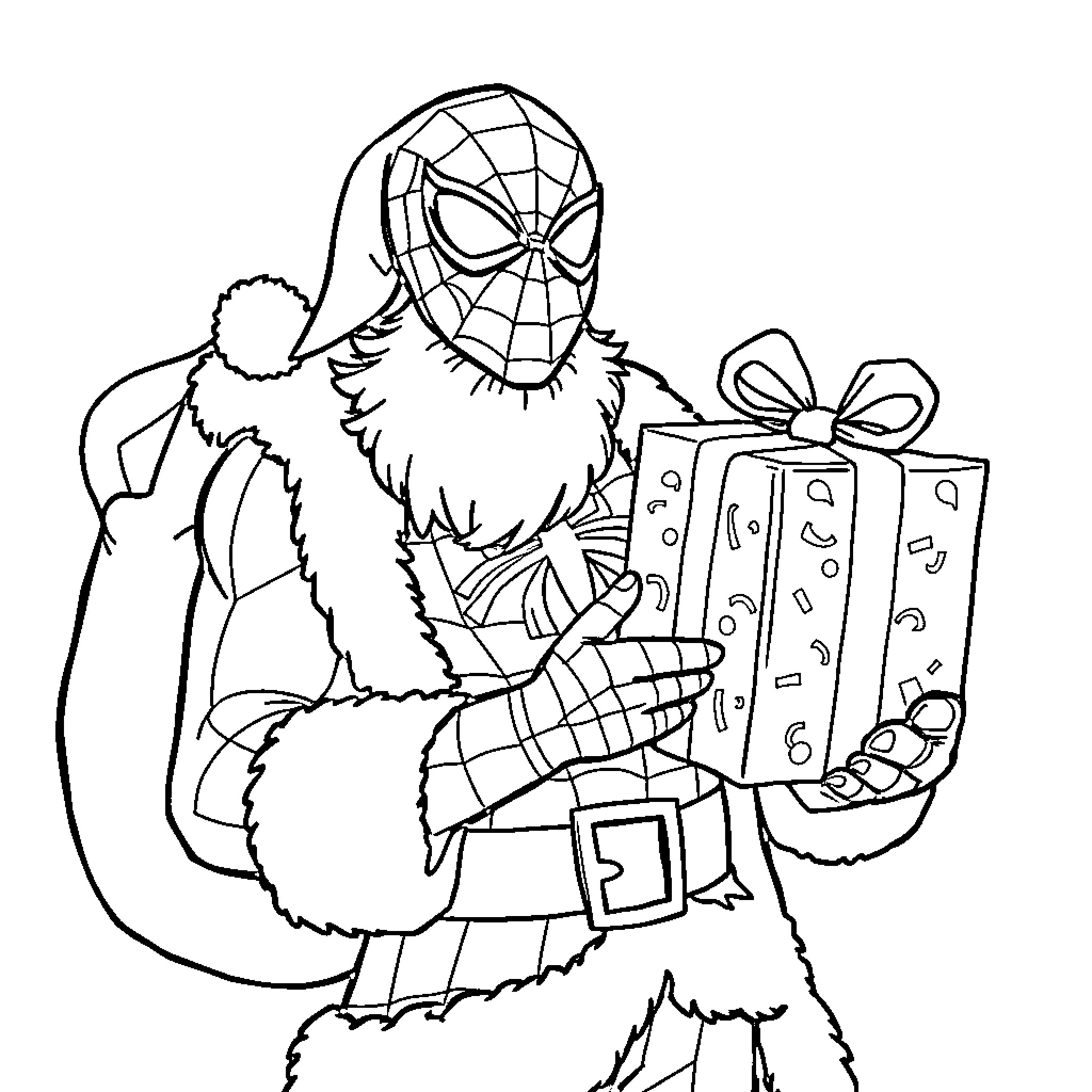 Santa Spider-Man delivering festive gift Coloring Page (free black-and-white line drawing printable PDF for all, from beginners to advanced learners, including children, teens, adults, and seniors)