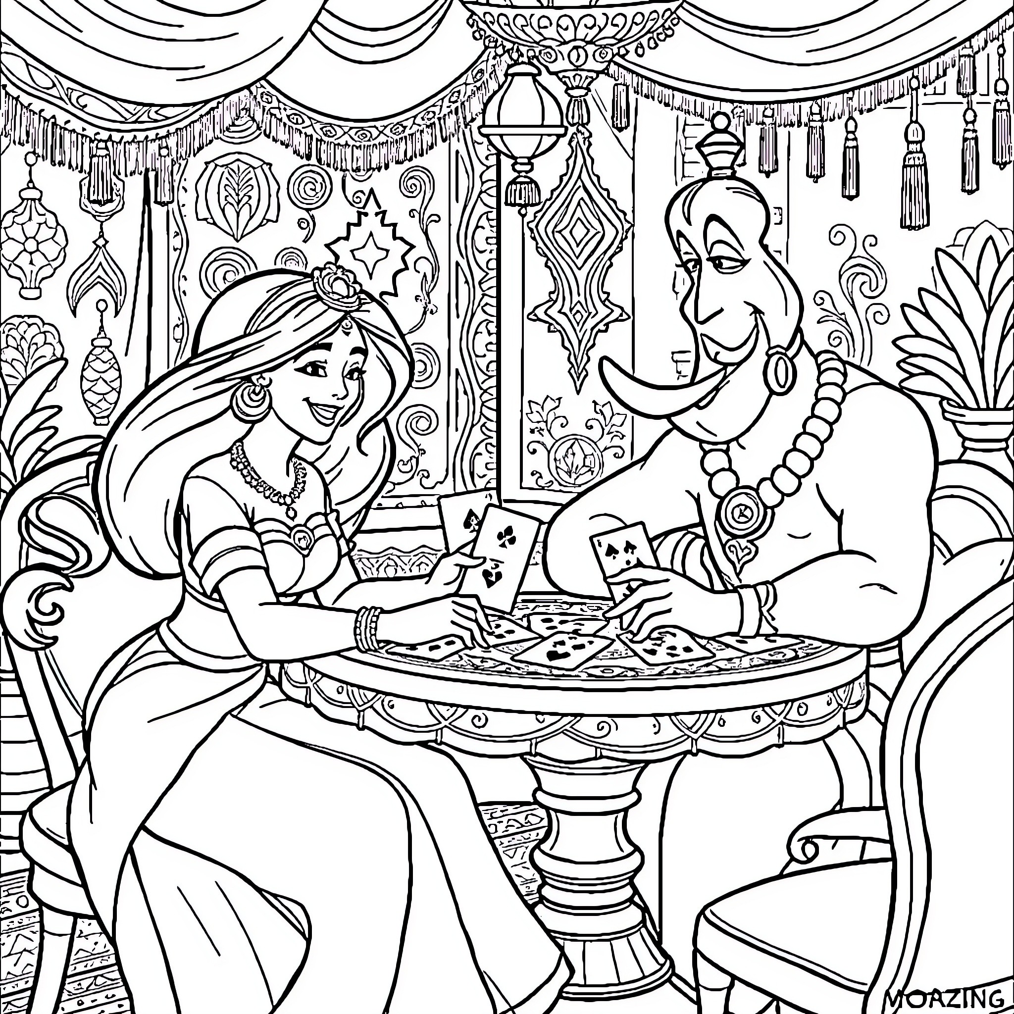 Princess Playing Cards with Genie in Palace Coloring Page (free black-and-white line drawing printable PDF for all, from beginners to advanced learners, including children, teens, adults, and seniors)