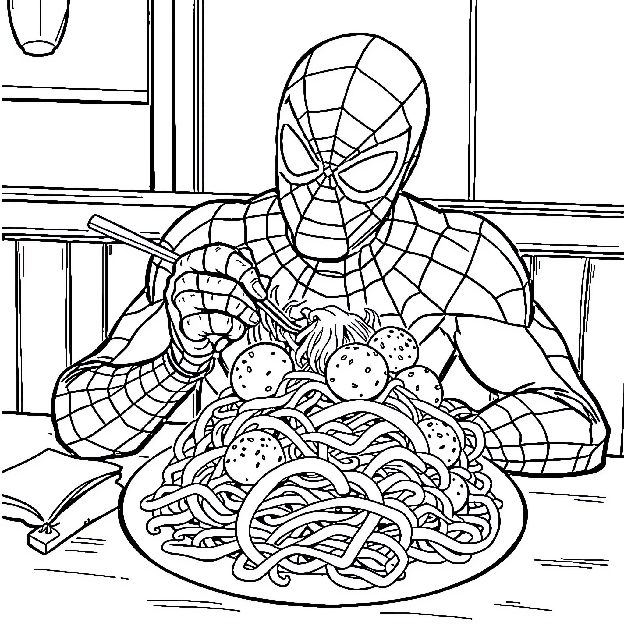 Spiderman Enjoys a Hearty Pasta Dish Coloring Page (free black-and-white line drawing printable PDF for all, from beginners to advanced learners, including children, teens, adults, and seniors)