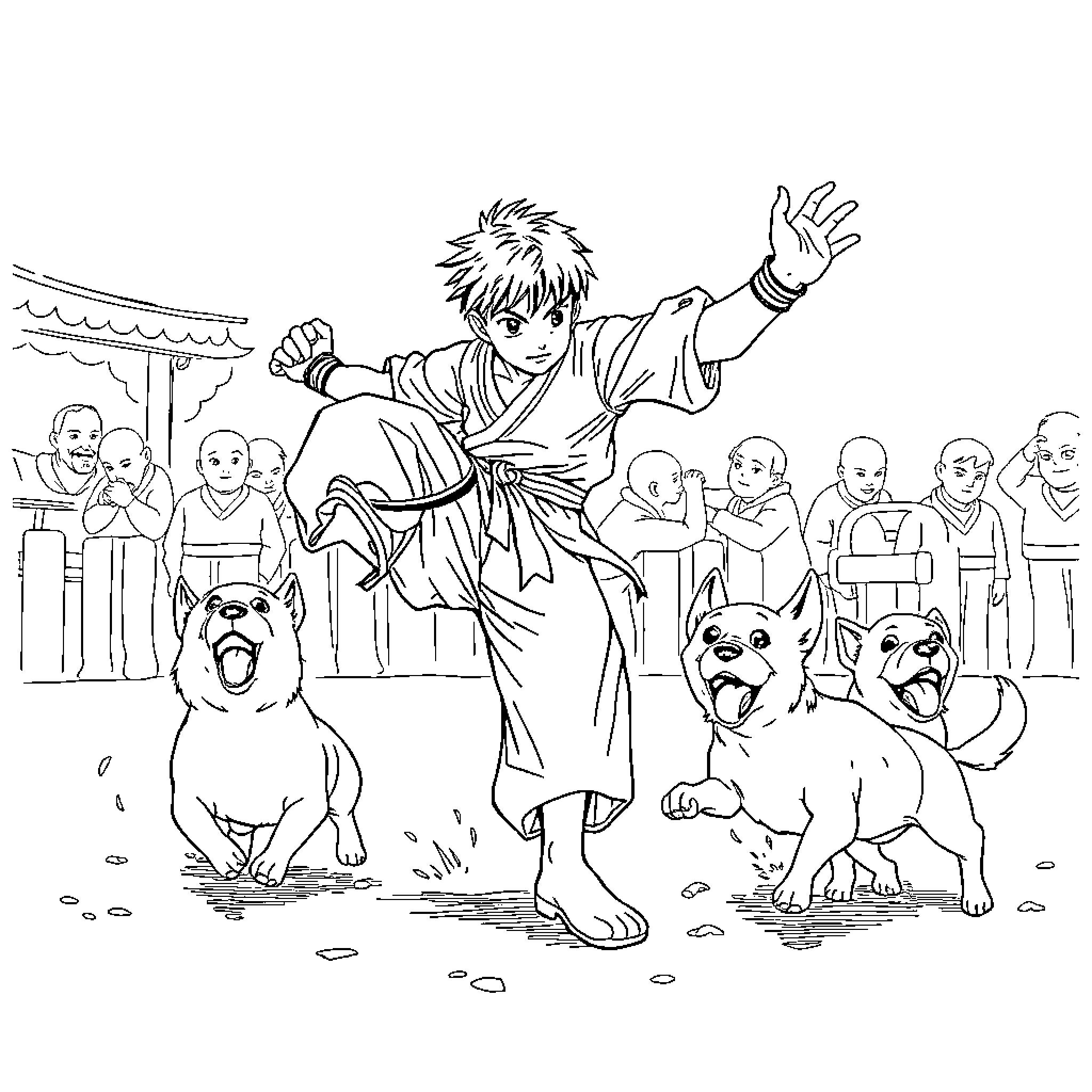 Yuji Itadori interacts with dogs in a crowded setting Coloring Page (free black-and-white line drawing printable PDF for all, from beginners to advanced learners, including children, teens, adults, and seniors)