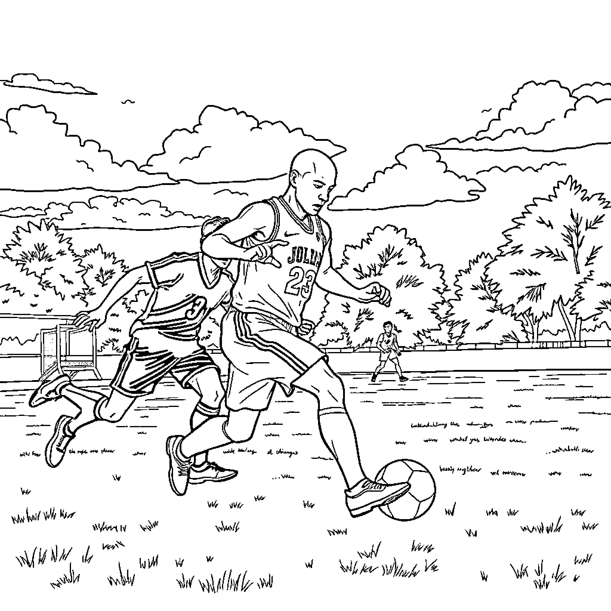 Jordan playing basketball on the outdoor court Coloring Page (free black-and-white line drawing printable PDF for all, from beginners to advanced learners, including children, teens, adults, and seniors)