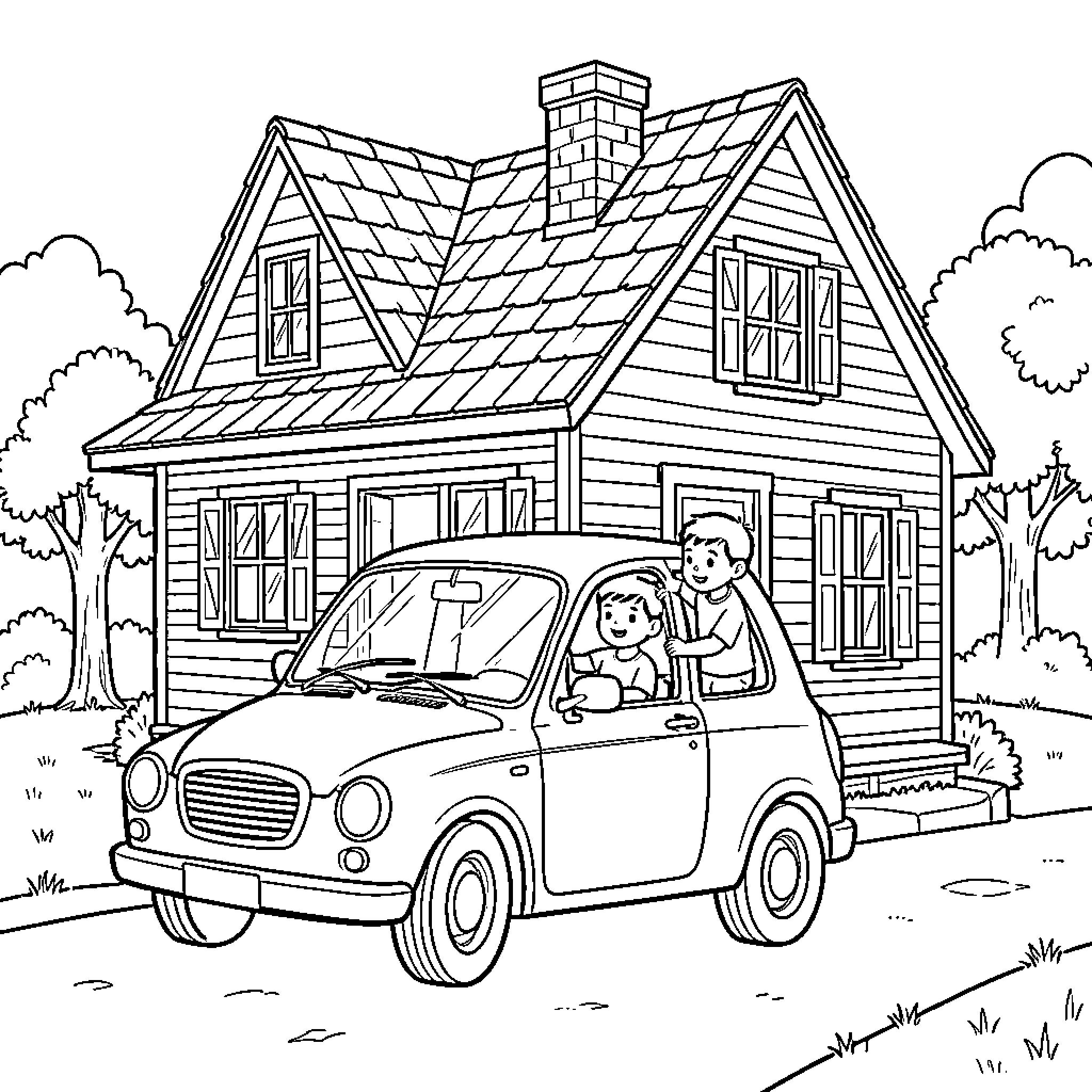 Maison featuring children enjoying a ride in a car Coloring Page (free black-and-white line drawing printable PDF for all, from beginners to advanced learners, including children, teens, adults, and seniors)