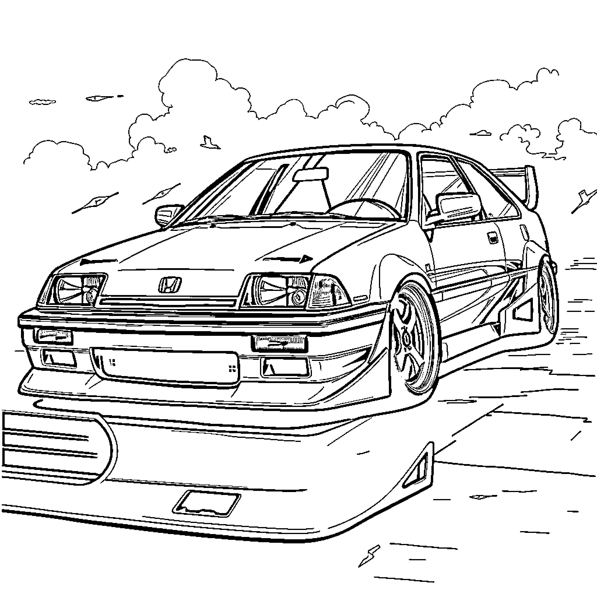 Honda sports car speeding through the countryside Coloring Page (free black-and-white line drawing printable PDF for all, from beginners to advanced learners, including children, teens, adults, and seniors)