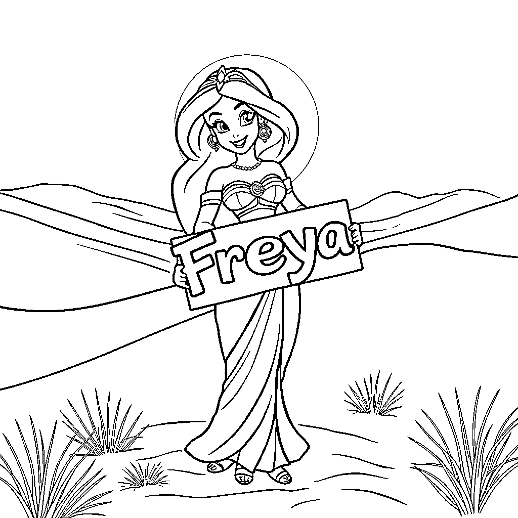 Jasmine holding Freya sign in the desert Coloring Page (free black-and-white line drawing printable PDF for all, from beginners to advanced learners, including children, teens, adults, and seniors)