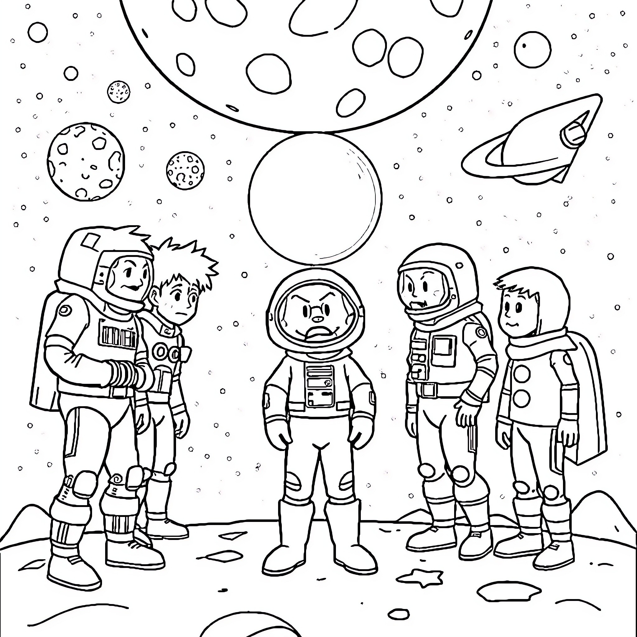 Among Us Astronauts Exploring the Cosmic Landscape Coloring Page (free black-and-white line drawing printable PDF for all, from beginners to advanced learners, including children, teens, adults, and seniors)