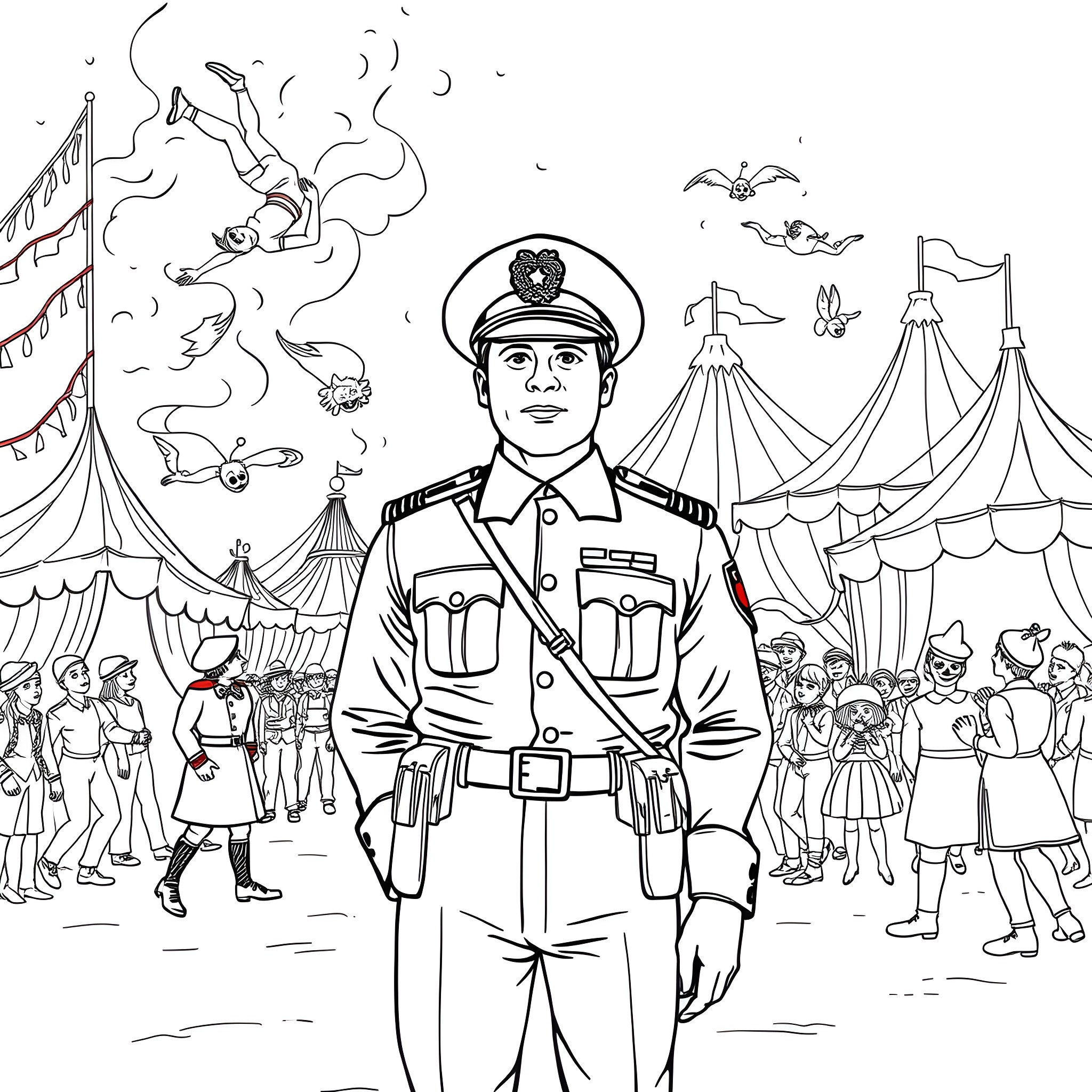 Officer Overseeing Circus Activities with Crowd Coloring Page (free black-and-white line drawing printable PDF for all, from beginners to advanced learners, including children, teens, adults, and seniors)