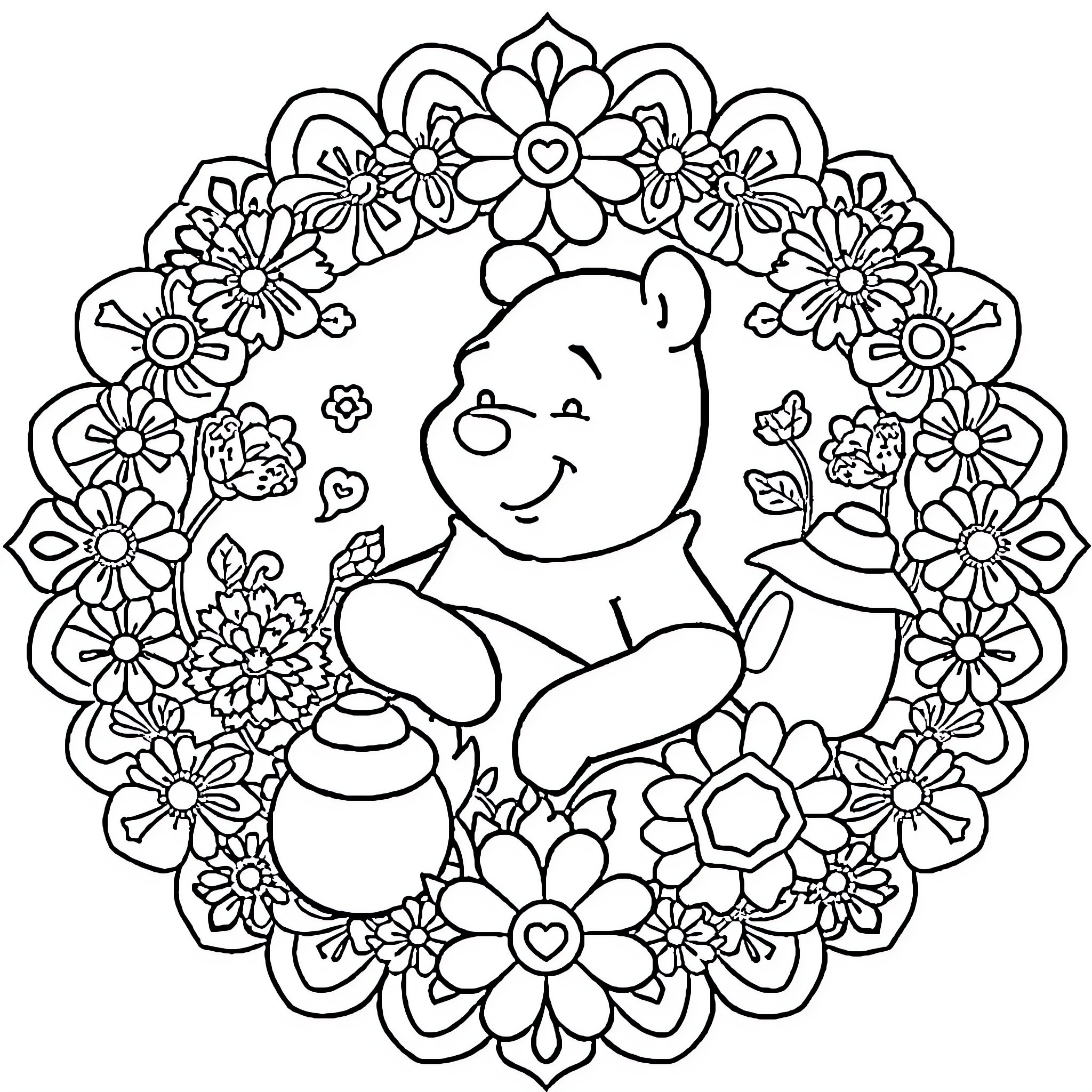 Winnie The Pooh enjoying flowers in floral wreath Coloring Page (free black-and-white line drawing printable PDF for all, from beginners to advanced learners, including children, teens, adults, and seniors)