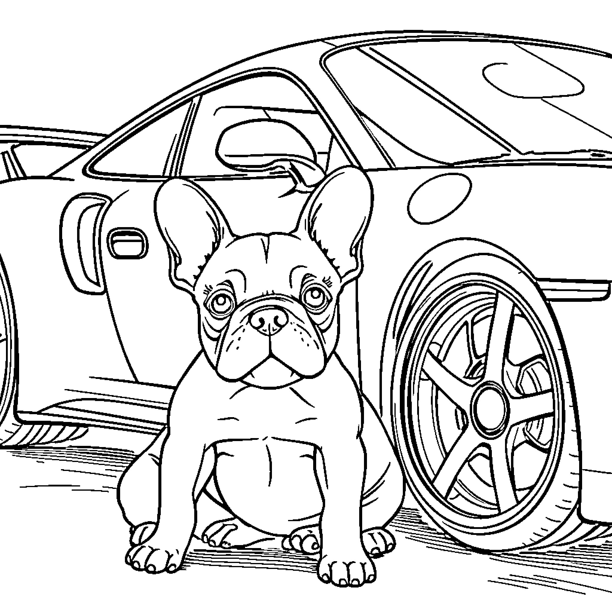 French Bulldog enjoying a ride in the car Coloring Page (free black-and-white line drawing printable PDF for all, from beginners to advanced learners, including children, teens, adults, and seniors)