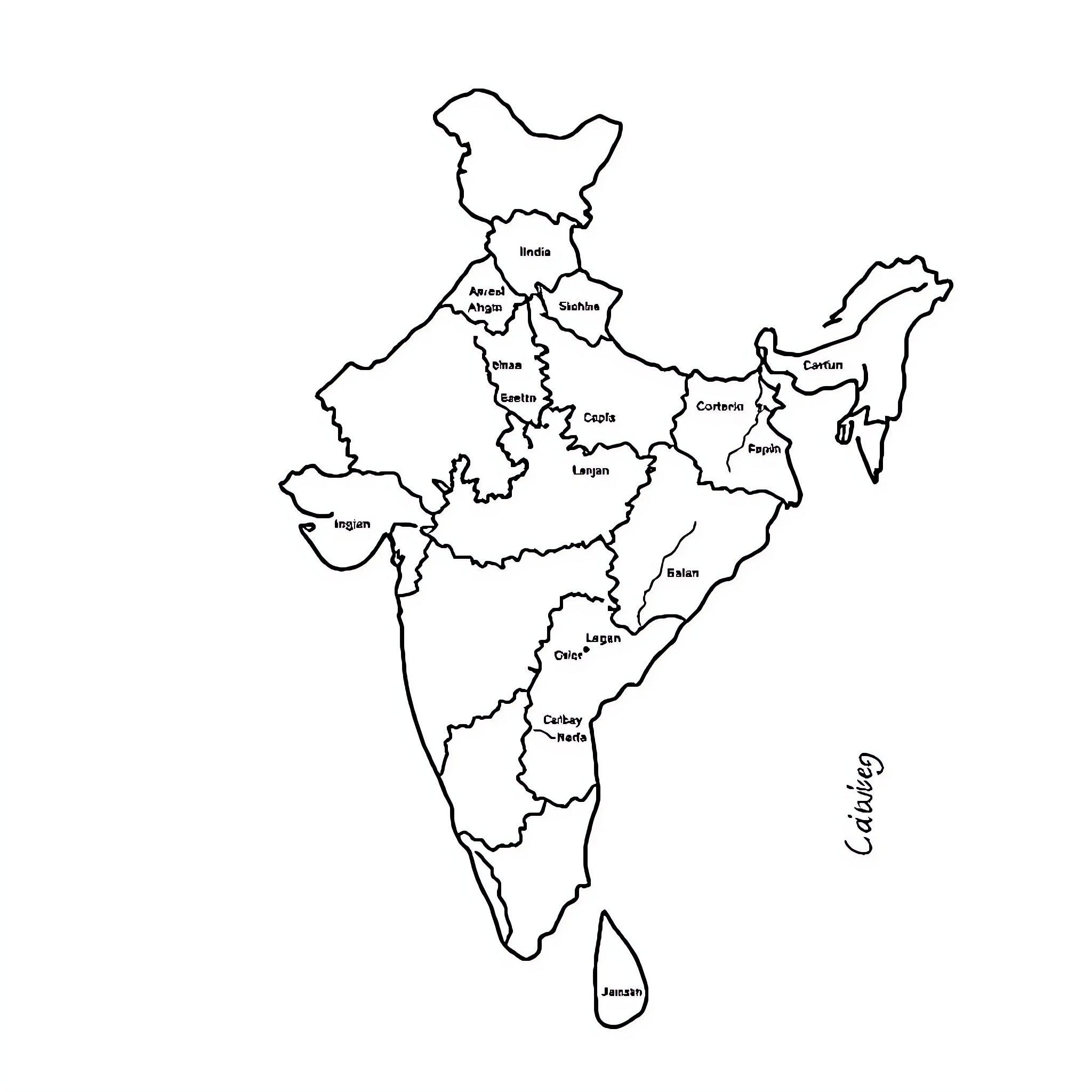 India's Political Map with State Boundaries Coloring Page (free black-and-white line drawing printable PDF for all, from beginners to advanced learners, including children, teens, adults, and seniors)