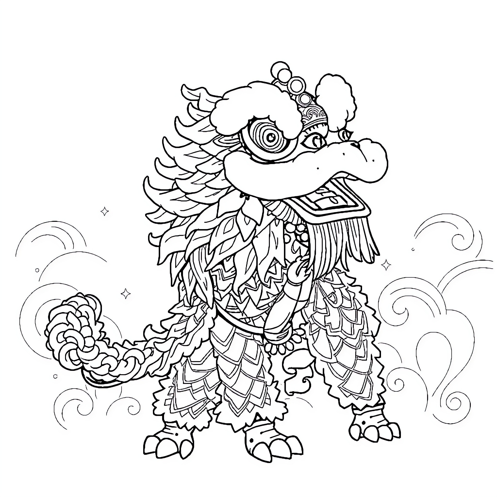 Lion in Ornate Mythical Costume Coloring Page (free black-and-white line drawing printable PDF for all, from beginners to advanced learners, including children, teens, adults, and seniors)