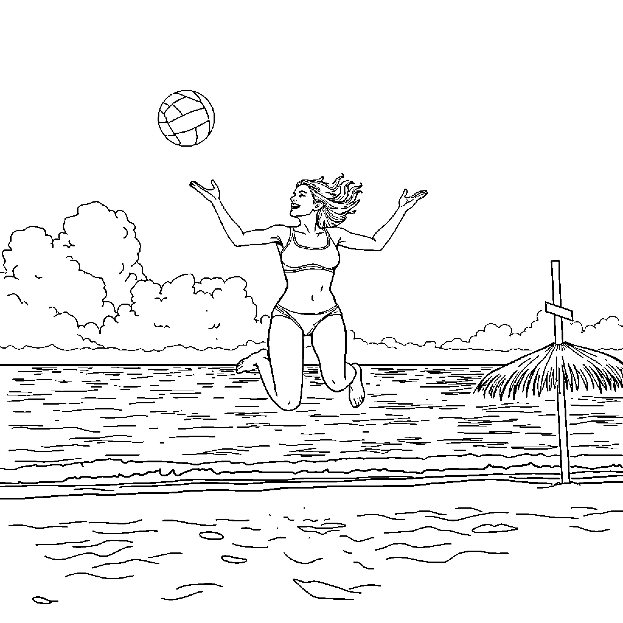 Kate Pendry enjoying a day at the beach Coloring Page (free black-and-white line drawing printable PDF for all, from beginners to advanced learners, including children, teens, adults, and seniors)