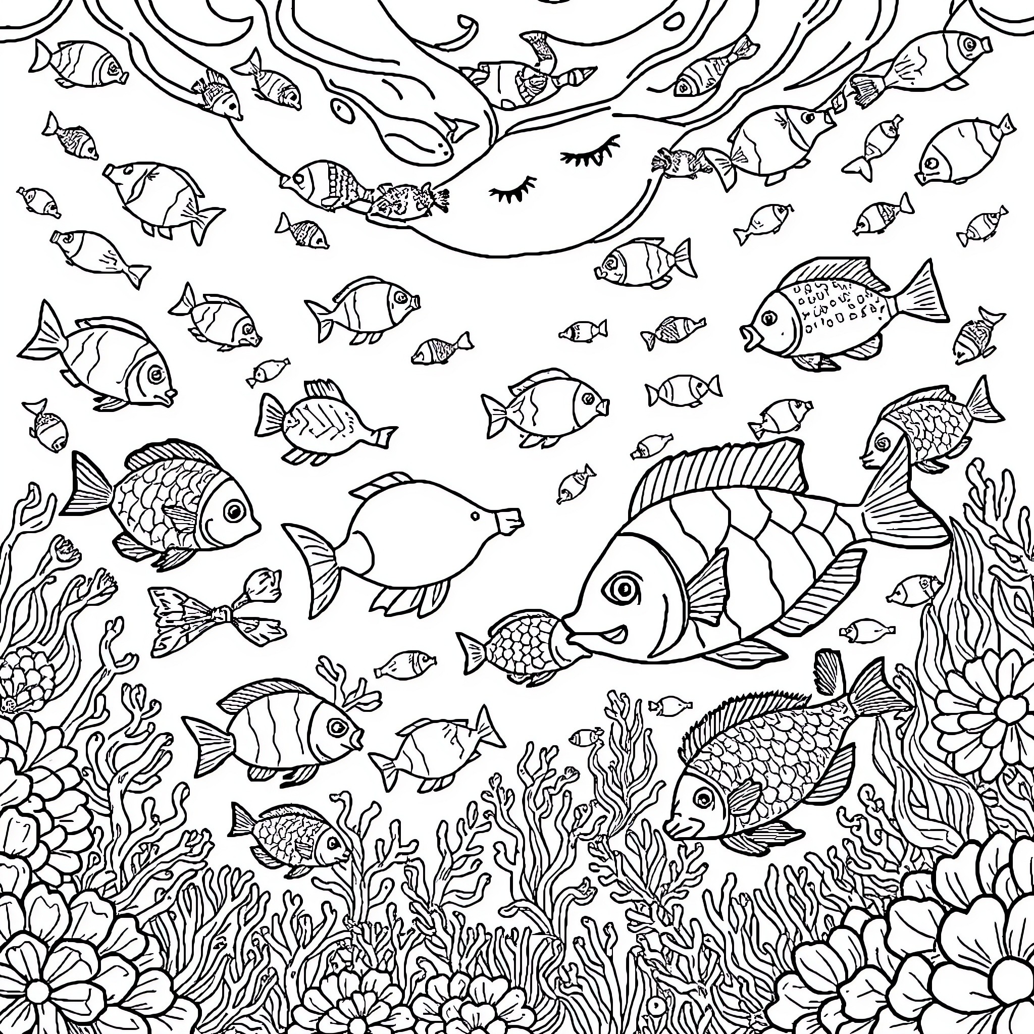 Fish swimming in the vibrant underwater scene Coloring Page (free black-and-white line drawing printable PDF for all, from beginners to advanced learners, including children, teens, adults, and seniors)