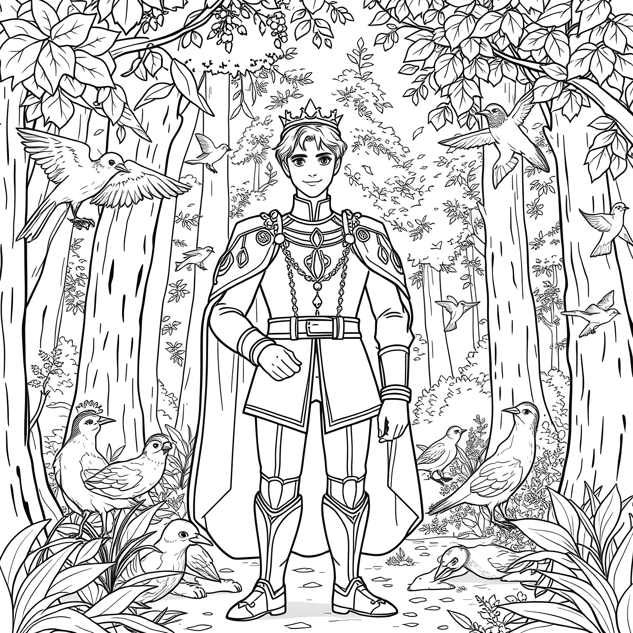 Prince's Enchanted Forest Adventure Coloring Page (free black-and-white line drawing printable PDF for all, from beginners to advanced learners, including children, teens, adults, and seniors)