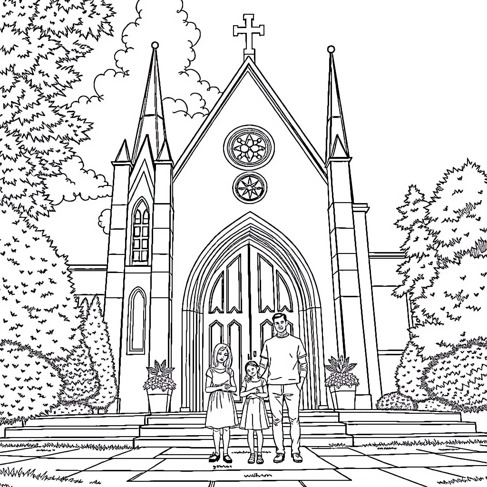 Family at the Gothic Cathedral Coloring Page (free black-and-white line drawing printable PDF for all, from beginners to advanced learners, including children, teens, adults, and seniors)