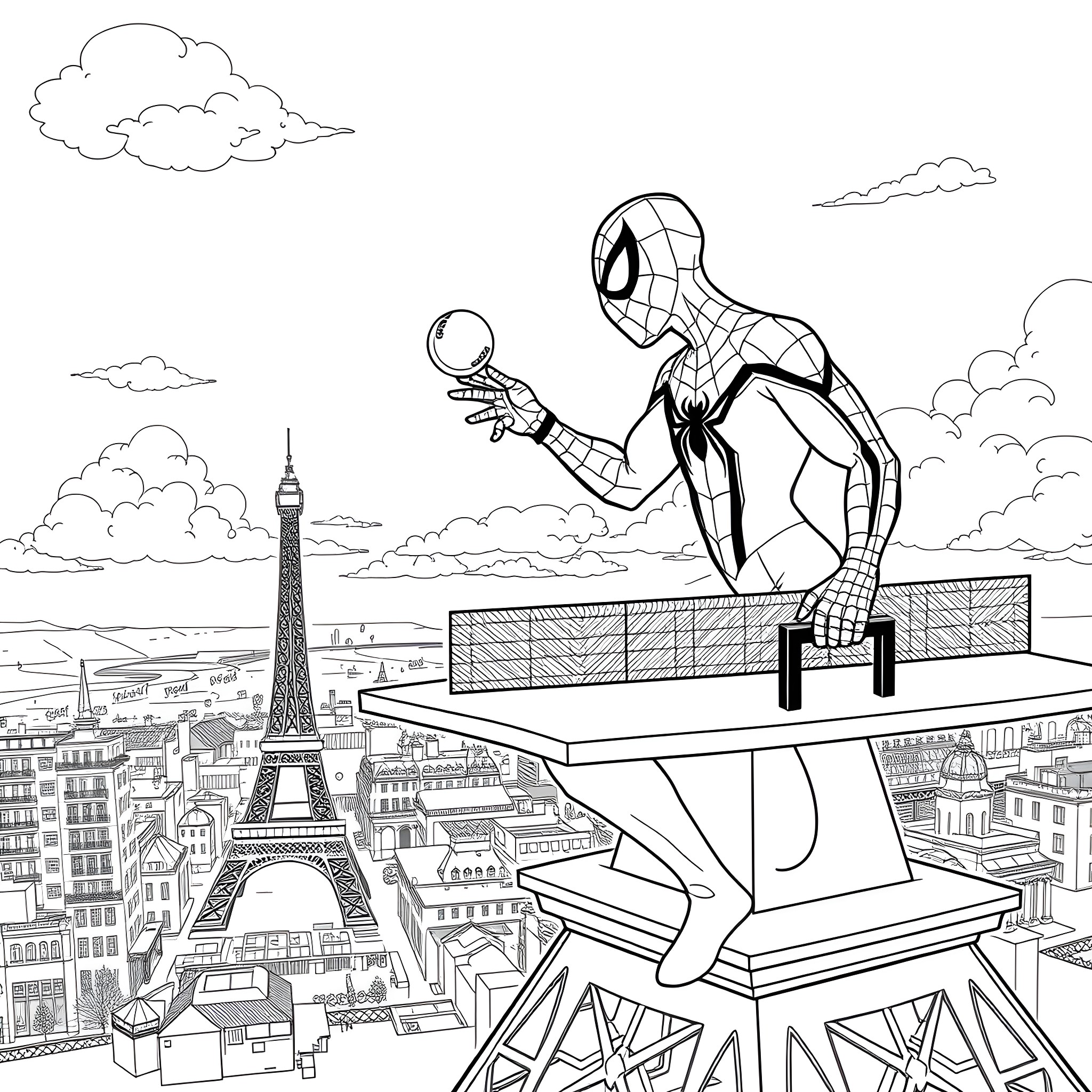 Spiderman swinging over the Eiffel Tower in Paris Coloring Page (free black-and-white line drawing printable PDF for all, from beginners to advanced learners, including children, teens, adults, and seniors)