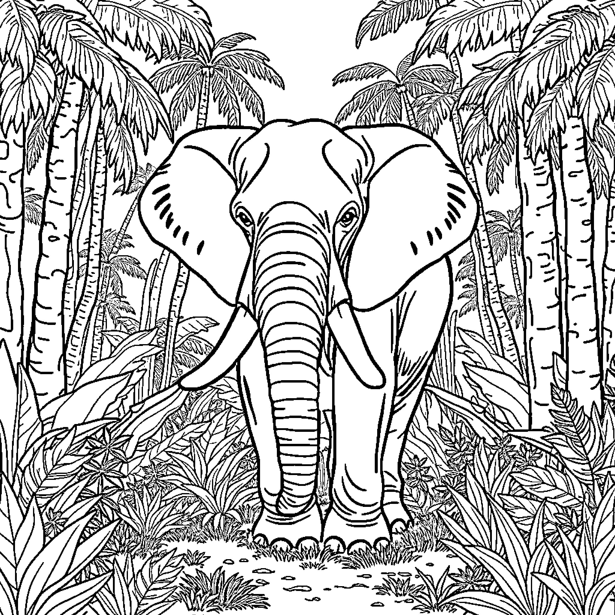 Elephant exploring the lush tropical jungle Coloring Page (free black-and-white line drawing printable PDF for all, from beginners to advanced learners, including children, teens, adults, and seniors)