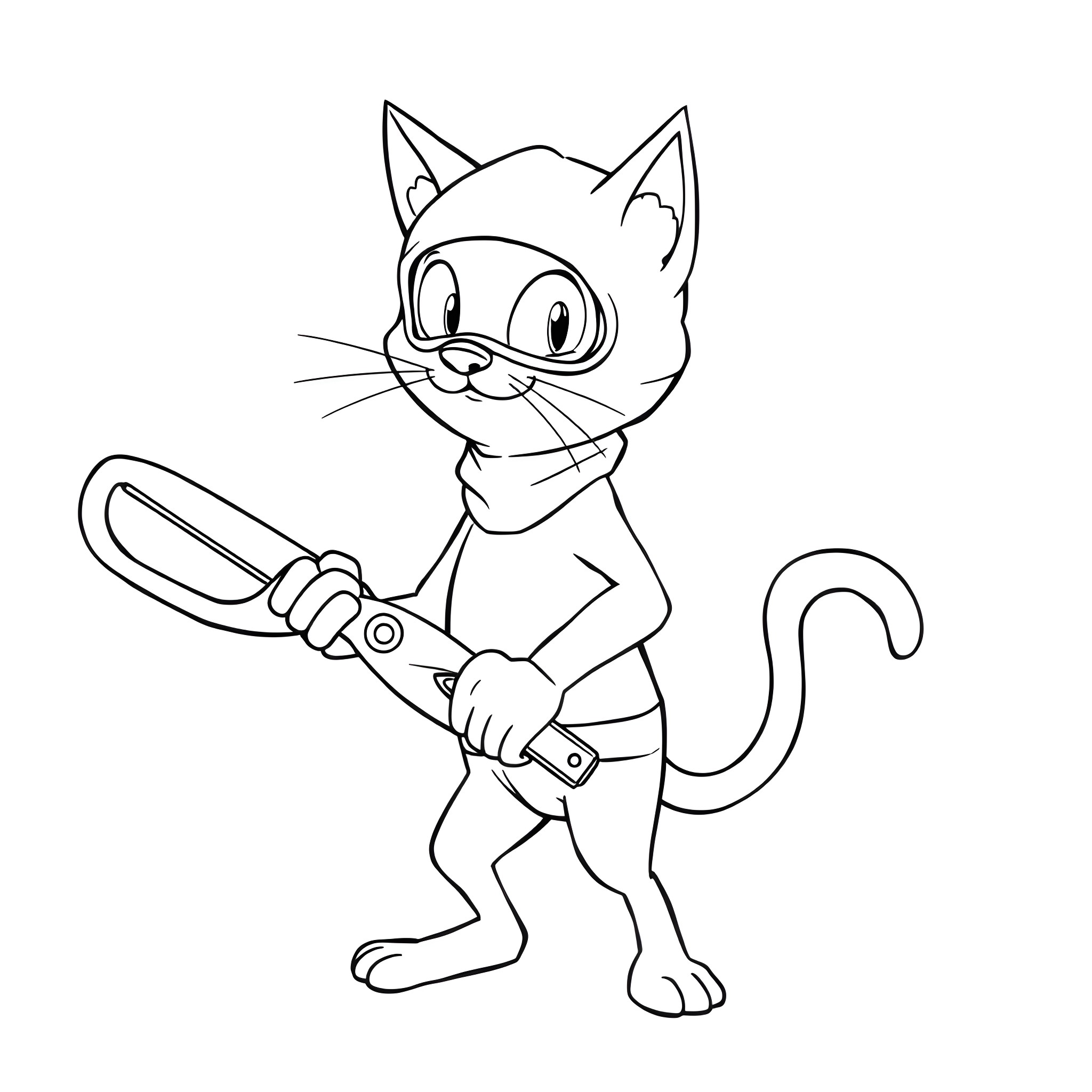 Cat holding a pair of scissors Coloring Page (free black-and-white line drawing printable PDF for all, from beginners to advanced learners, including children, teens, adults, and seniors)