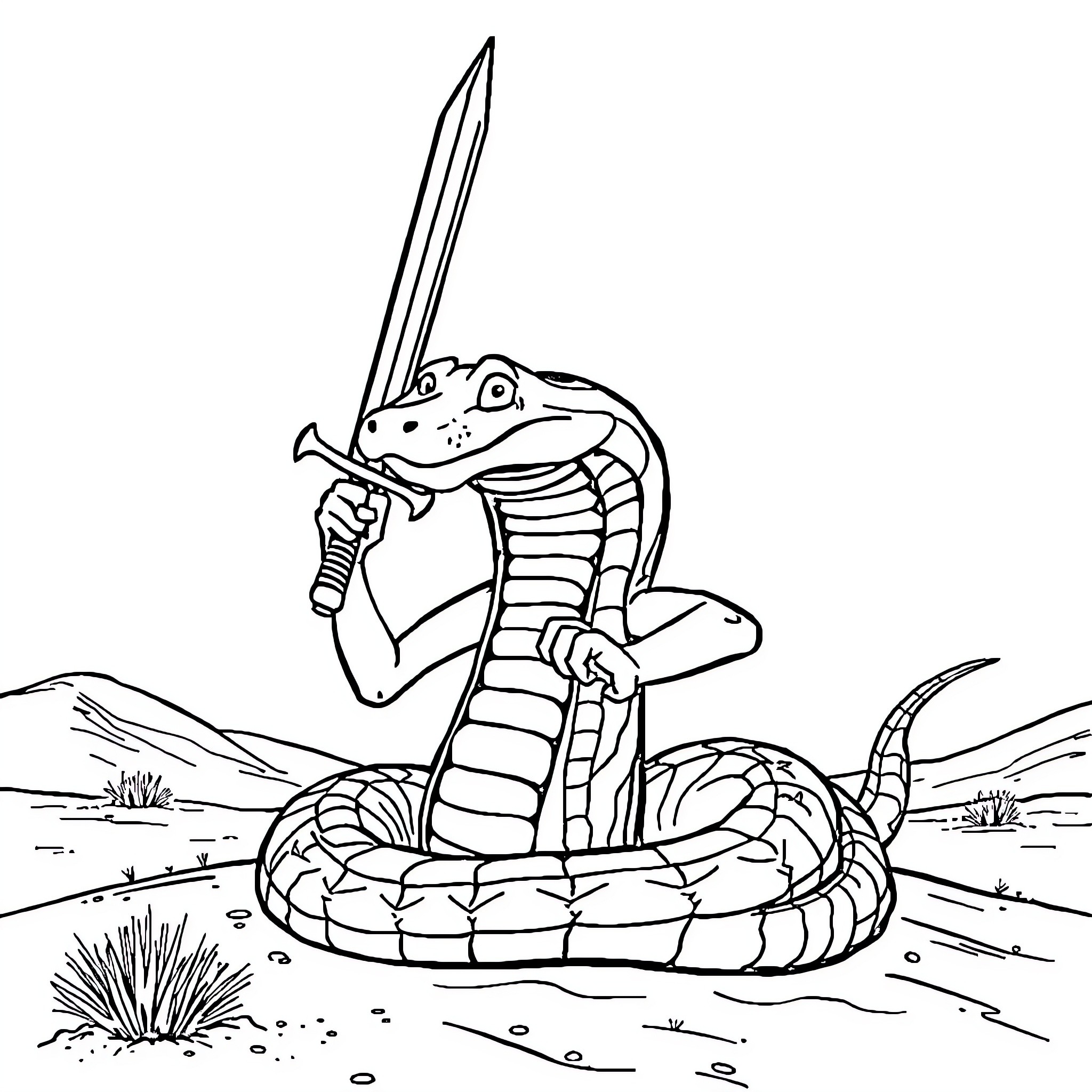 Rattle Snake warrior wielding sword in the desert Coloring Page (free black-and-white line drawing printable PDF for all, from beginners to advanced learners, including children, teens, adults, and seniors)