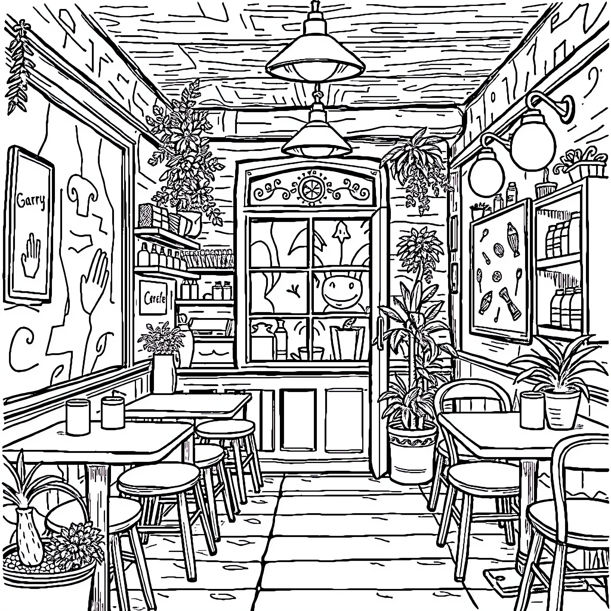 Stiche of a Cozy and Vibrant Cafe Scene Coloring Page (free black-and-white line drawing printable PDF for all, from beginners to advanced learners, including children, teens, adults, and seniors)