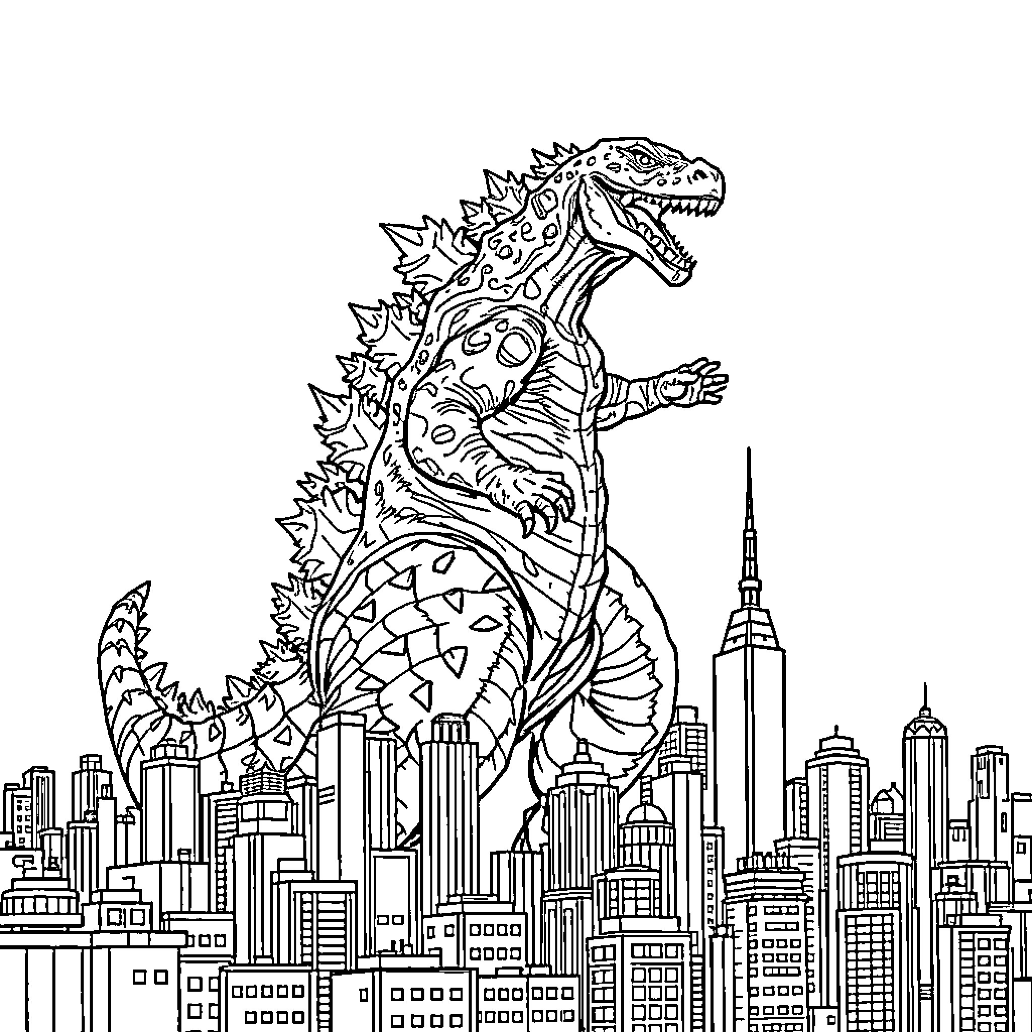 Godzilla Attacks the Towering City Skyline Coloring Page (free black-and-white line drawing printable PDF for all, from beginners to advanced learners, including children, teens, adults, and seniors)