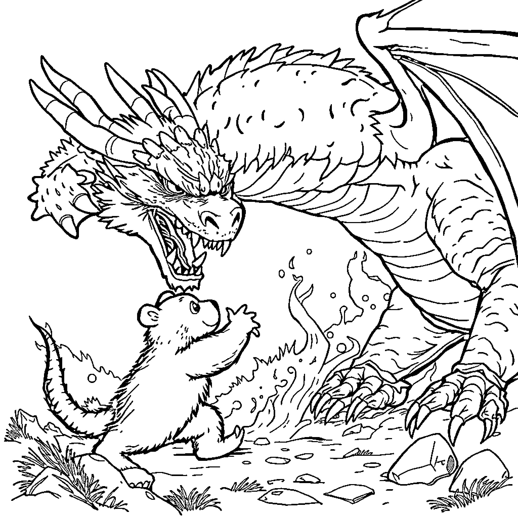 Bear confronting fierce dragon in wild habitat Coloring Page (free black-and-white line drawing printable PDF for all, from beginners to advanced learners, including children, teens, adults, and seniors)