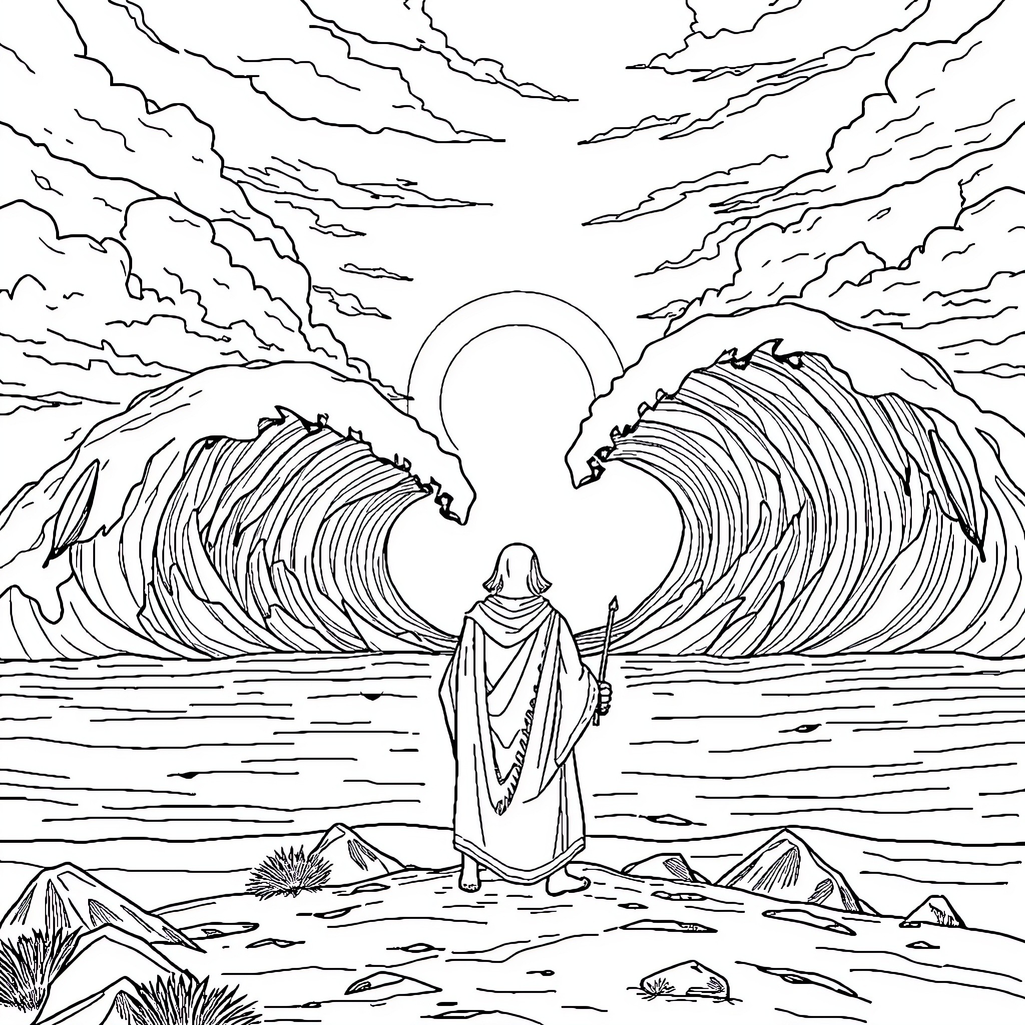 Sea of Towering Waves and a Solitary Figure Coloring Page (free black-and-white line drawing printable PDF for all, from beginners to advanced learners, including children, teens, adults, and seniors)
