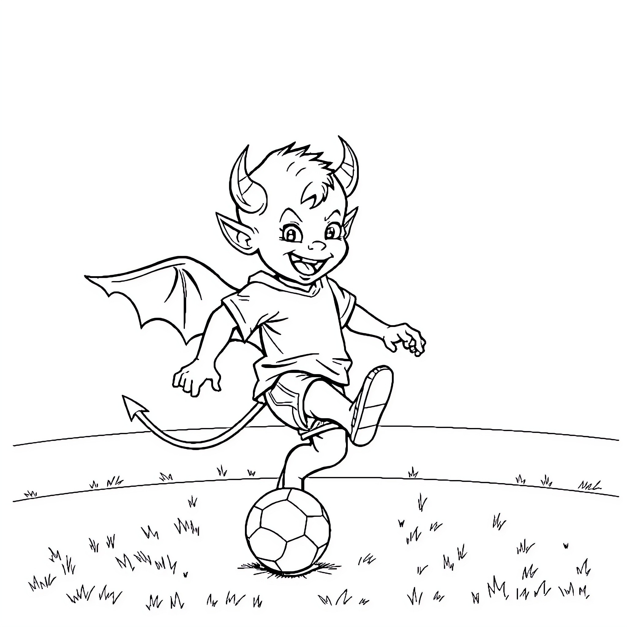 Devil Child Playing Joyfully with Soccer Ball Coloring Page (free black-and-white line drawing printable PDF for all, from beginners to advanced learners, including children, teens, adults, and seniors)