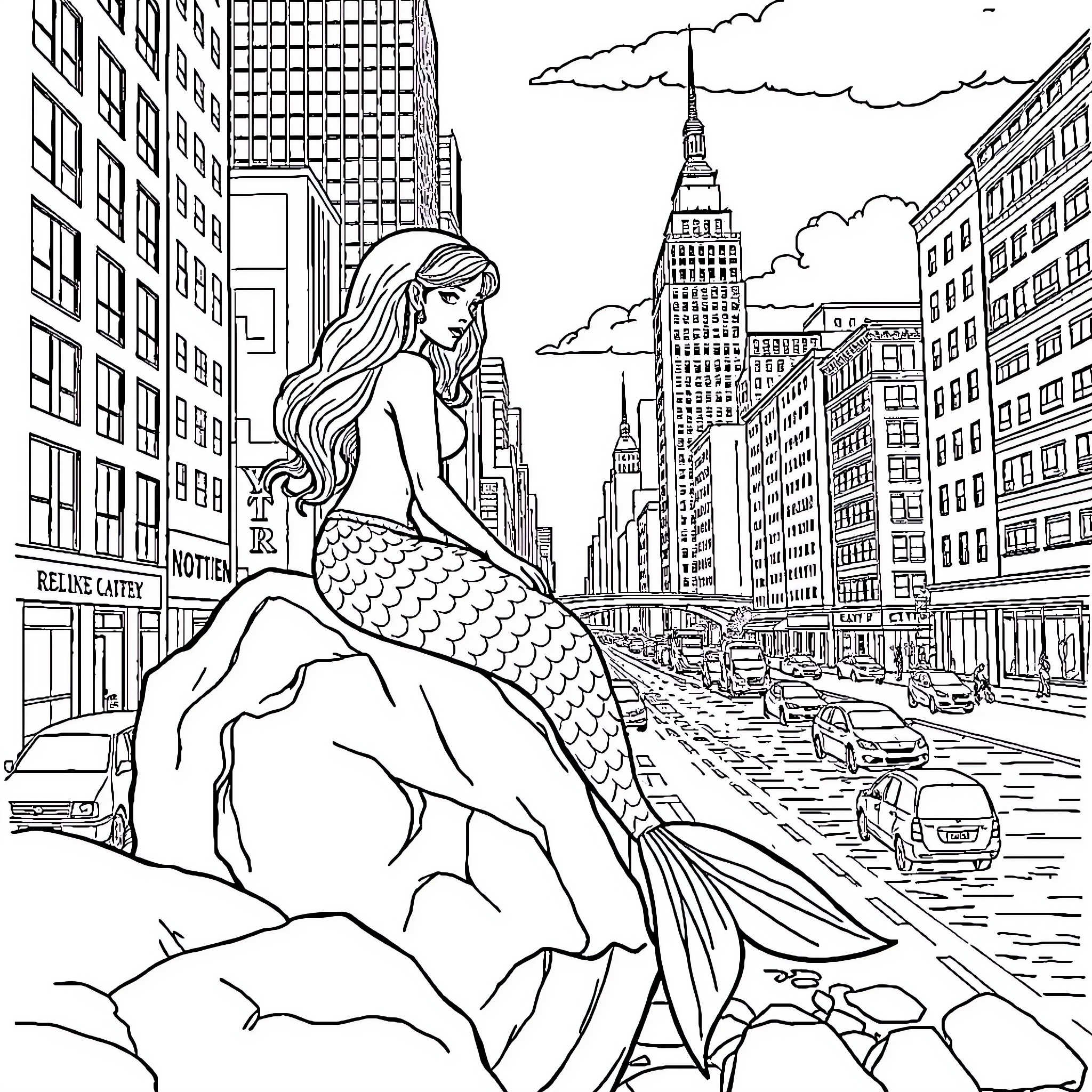 Mermaid in the Bustling City Coloring Page (free black-and-white line drawing printable PDF for all, from beginners to advanced learners, including children, teens, adults, and seniors)