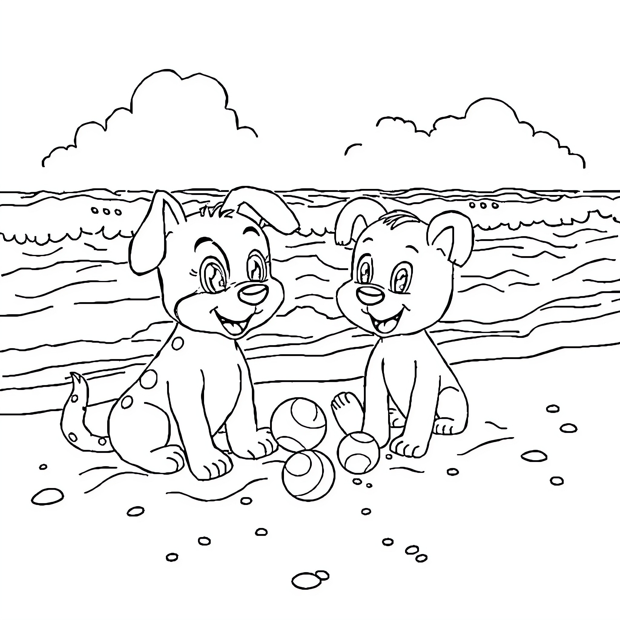 Bluey and friends exploring the beach Coloring Page (free black-and-white line drawing printable PDF for all, from beginners to advanced learners, including children, teens, adults, and seniors)
