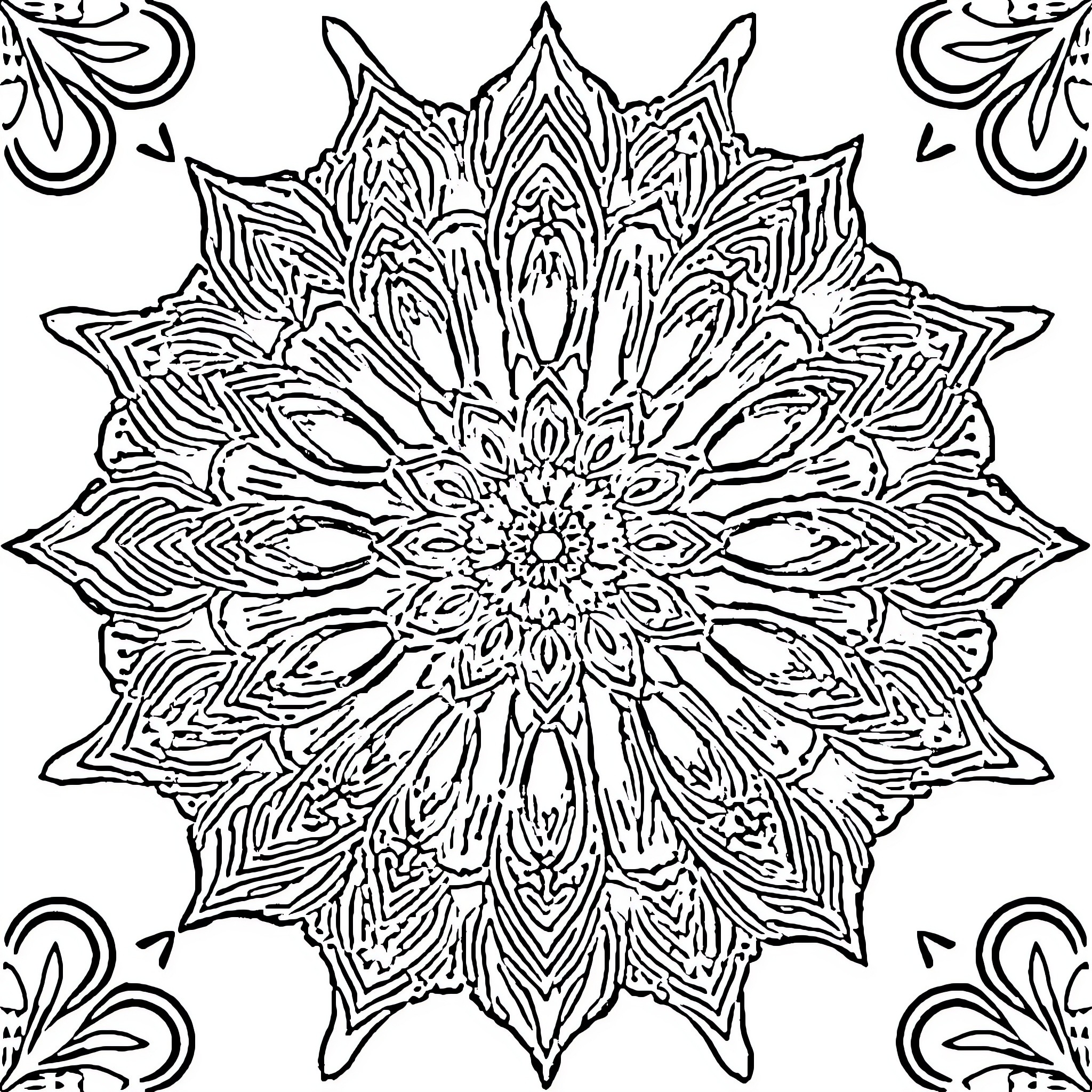Mandala of intricate floral patterns Coloring Page (free black-and-white line drawing printable PDF for all, from beginners to advanced learners, including children, teens, adults, and seniors)