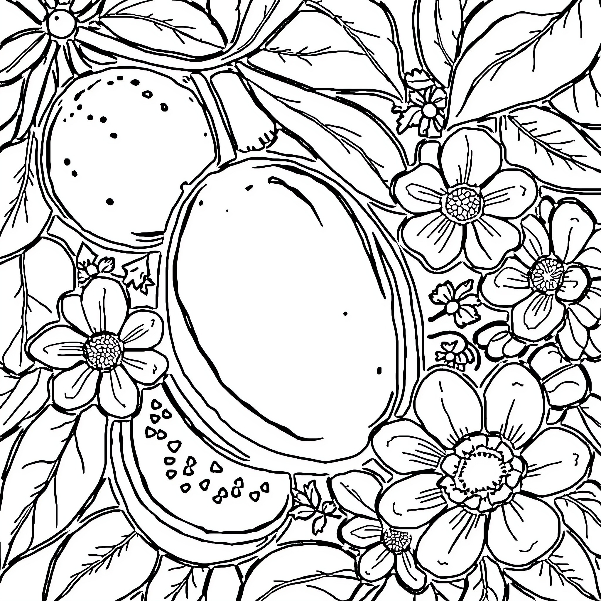 Fruit with flowers in a floral arrangement Coloring Page (free black-and-white line drawing printable PDF for all, from beginners to advanced learners, including children, teens, adults, and seniors)