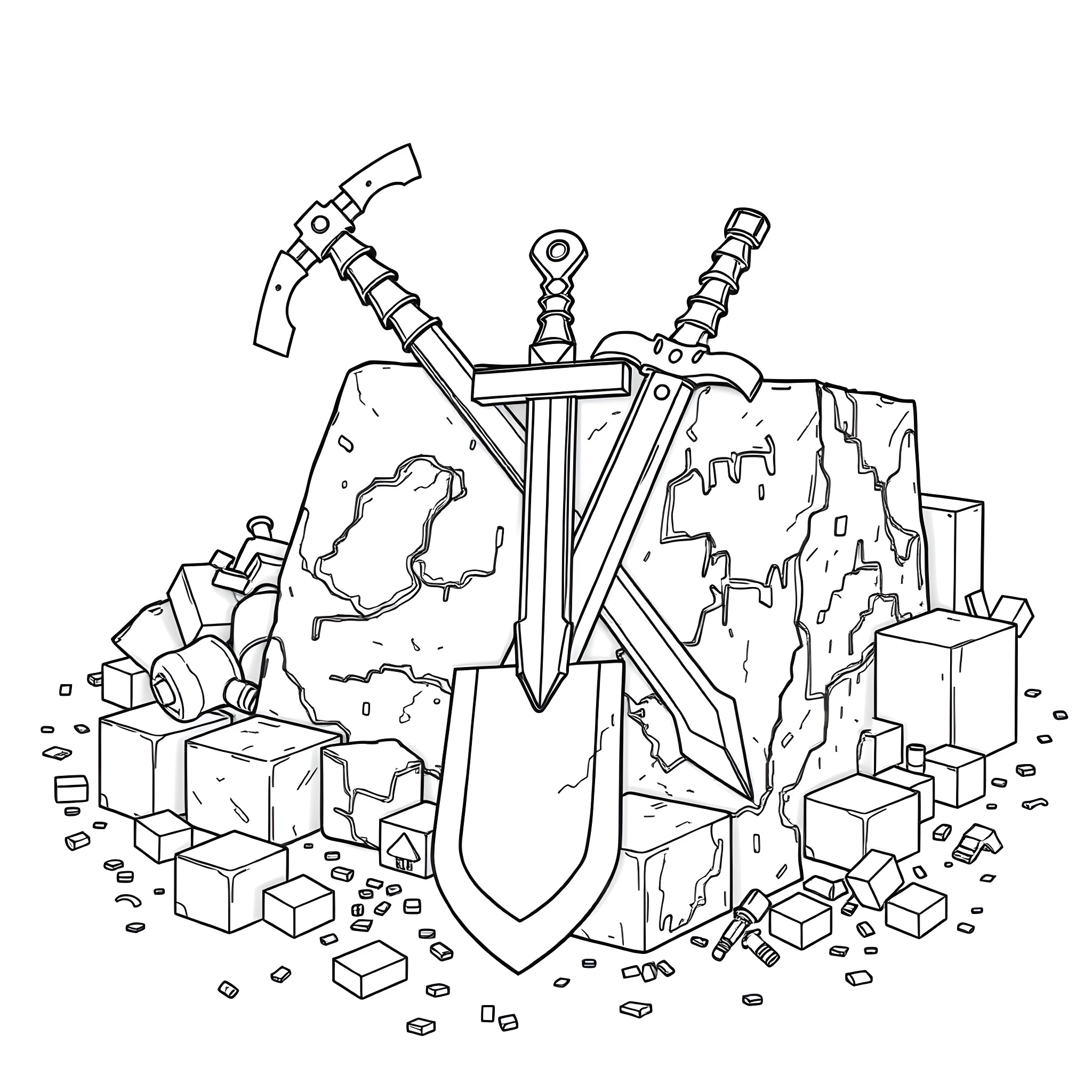 Minecraft Tool - Pickaxe, Sword, and Shovel in Rubble Coloring Page (free black-and-white line drawing printable PDF for all, from beginners to advanced learners, including children, teens, adults, and seniors)