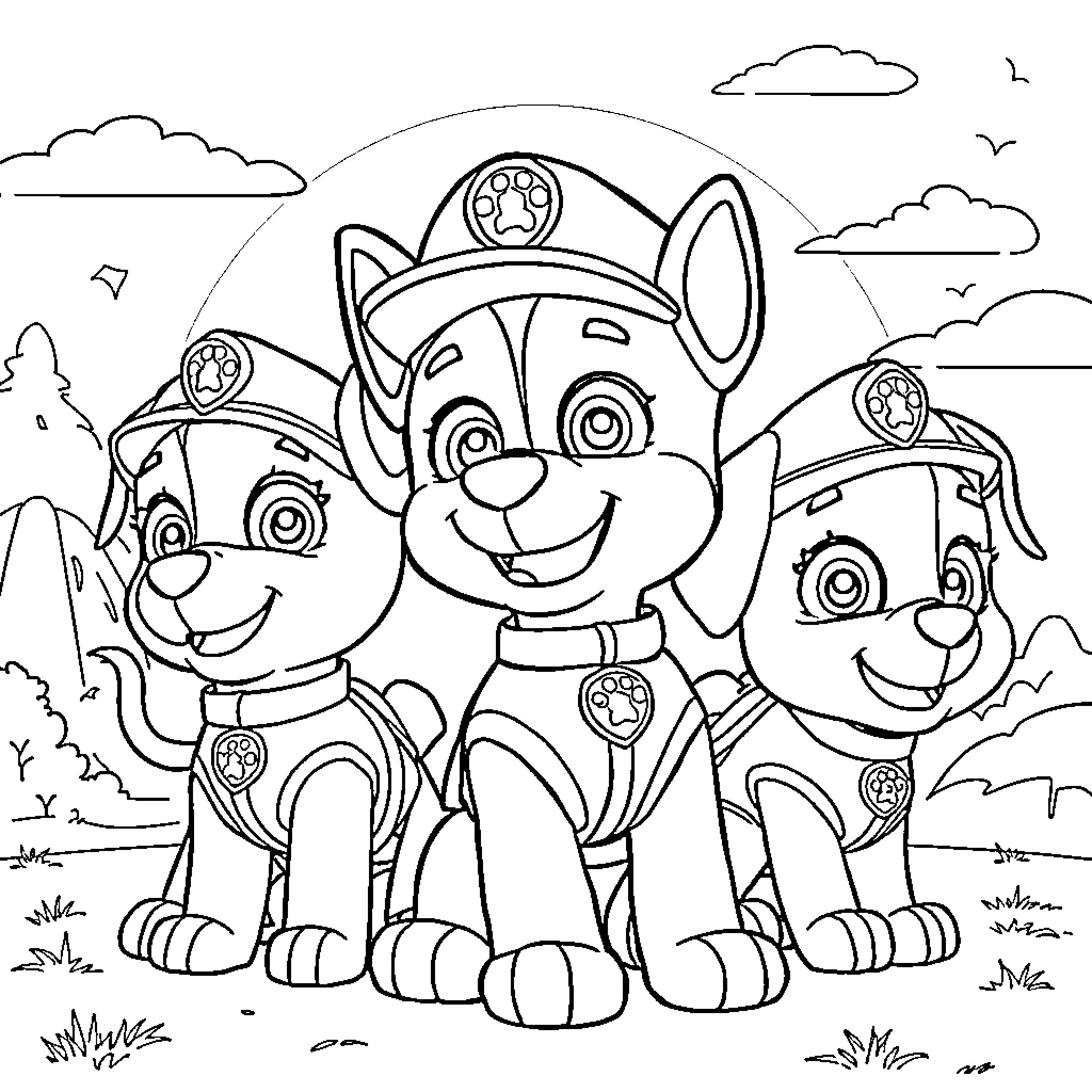 Paw Patrol Pups on an Adventure Coloring Page (free black-and-white line drawing printable PDF for all, from beginners to advanced learners, including children, teens, adults, and seniors)