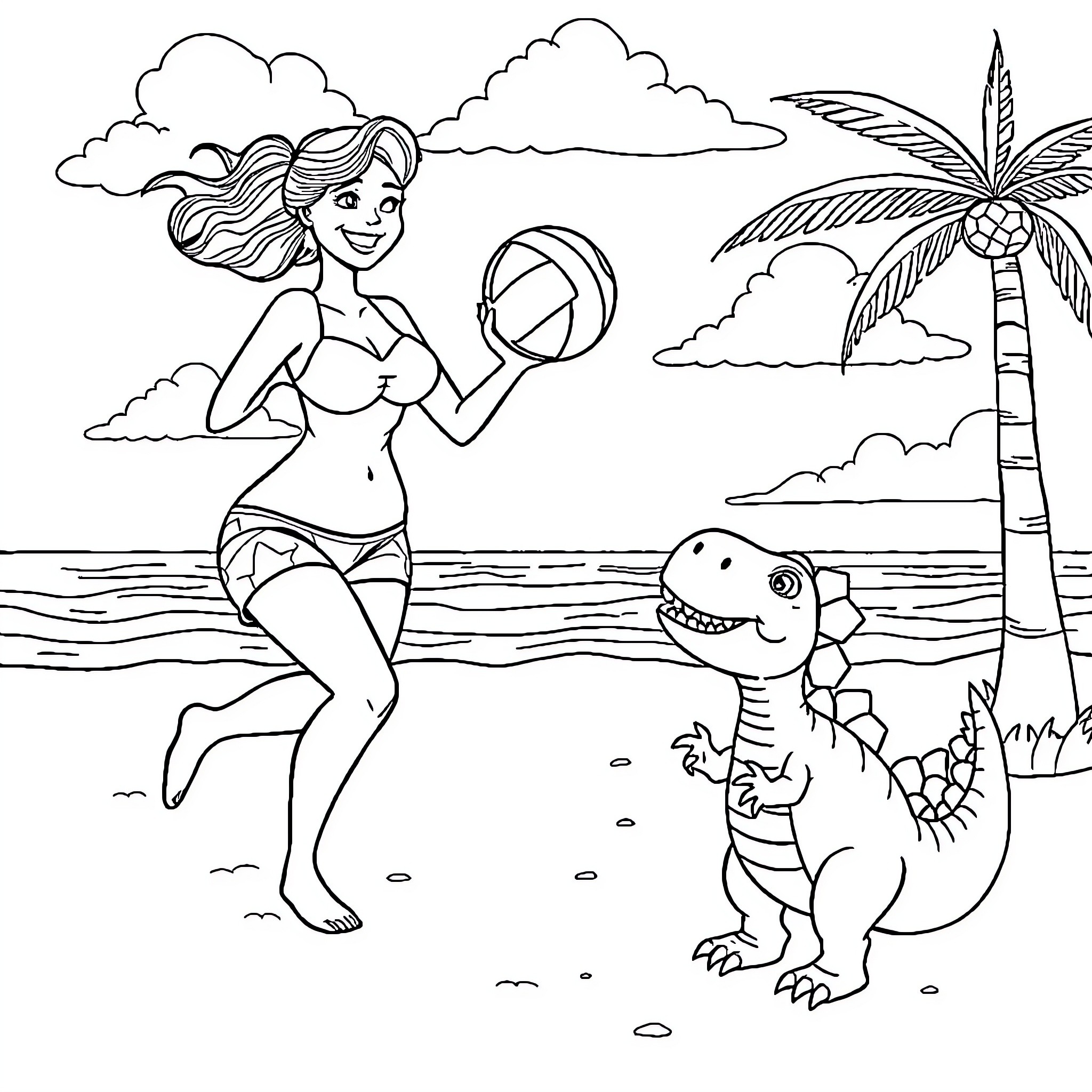 Mom enjoying beach day with playful dinosaur Coloring Page (free black-and-white line drawing printable PDF for all, from beginners to advanced learners, including children, teens, adults, and seniors)