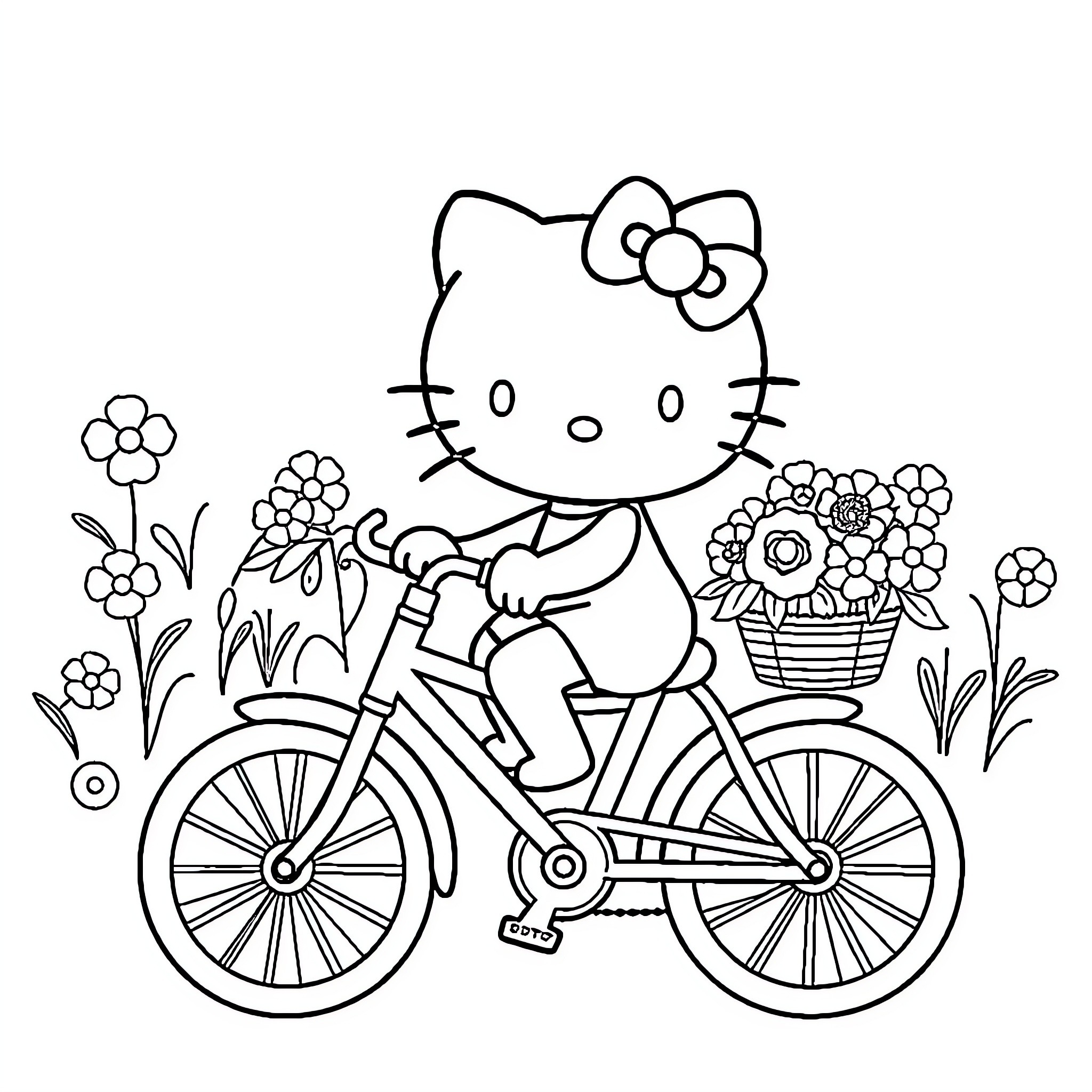 Hello Kitty riding bicycle with flowers Coloring Page (free black-and-white line drawing printable PDF for all, from beginners to advanced learners, including children, teens, adults, and seniors)