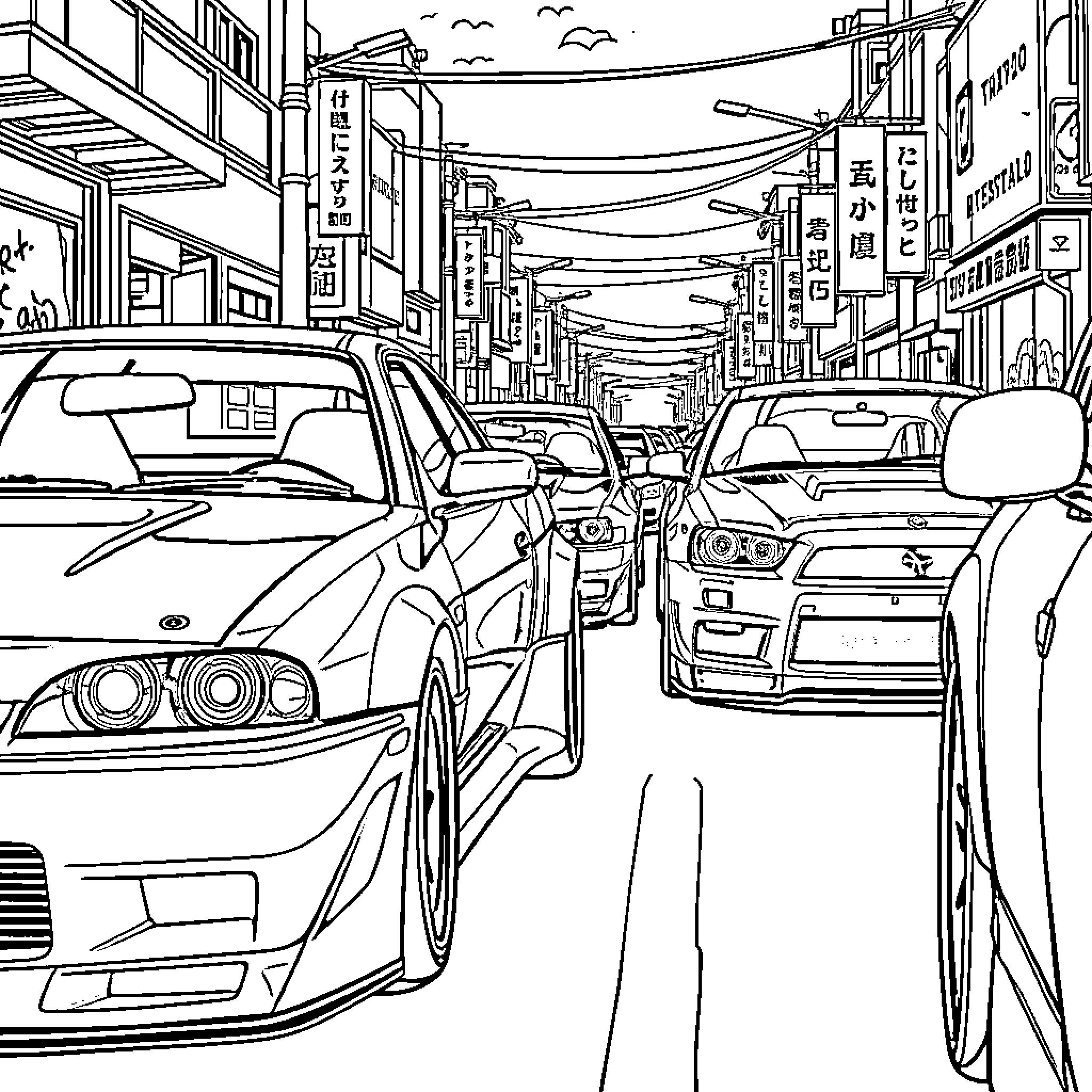 JDM Street Scene with Modified Cars Coloring Page (free black-and-white line drawing printable PDF for all, from beginners to advanced learners, including children, teens, adults, and seniors)