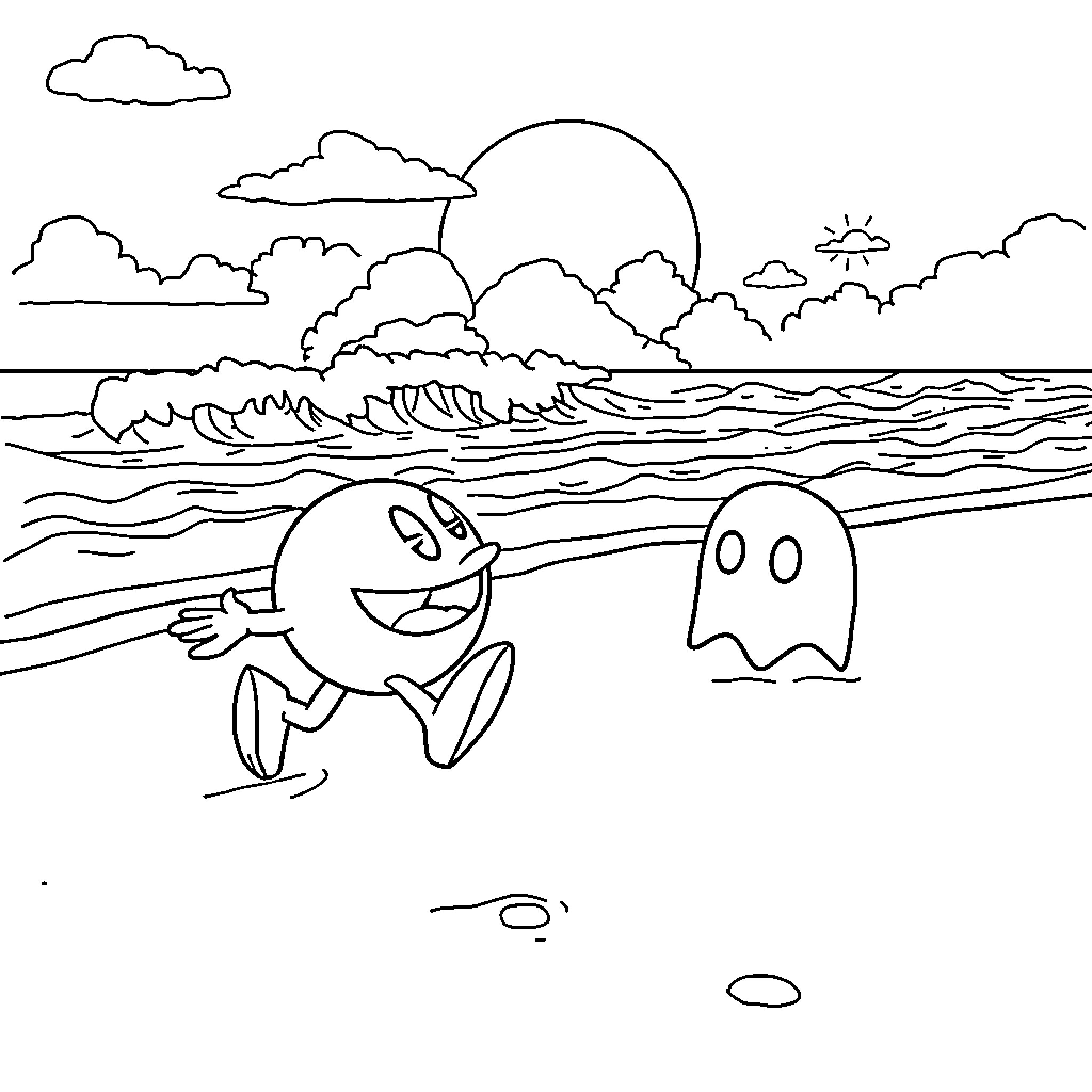 Pac-Man chasing ghost on beach Coloring Page (free black-and-white line drawing printable PDF for all, from beginners to advanced learners, including children, teens, adults, and seniors)