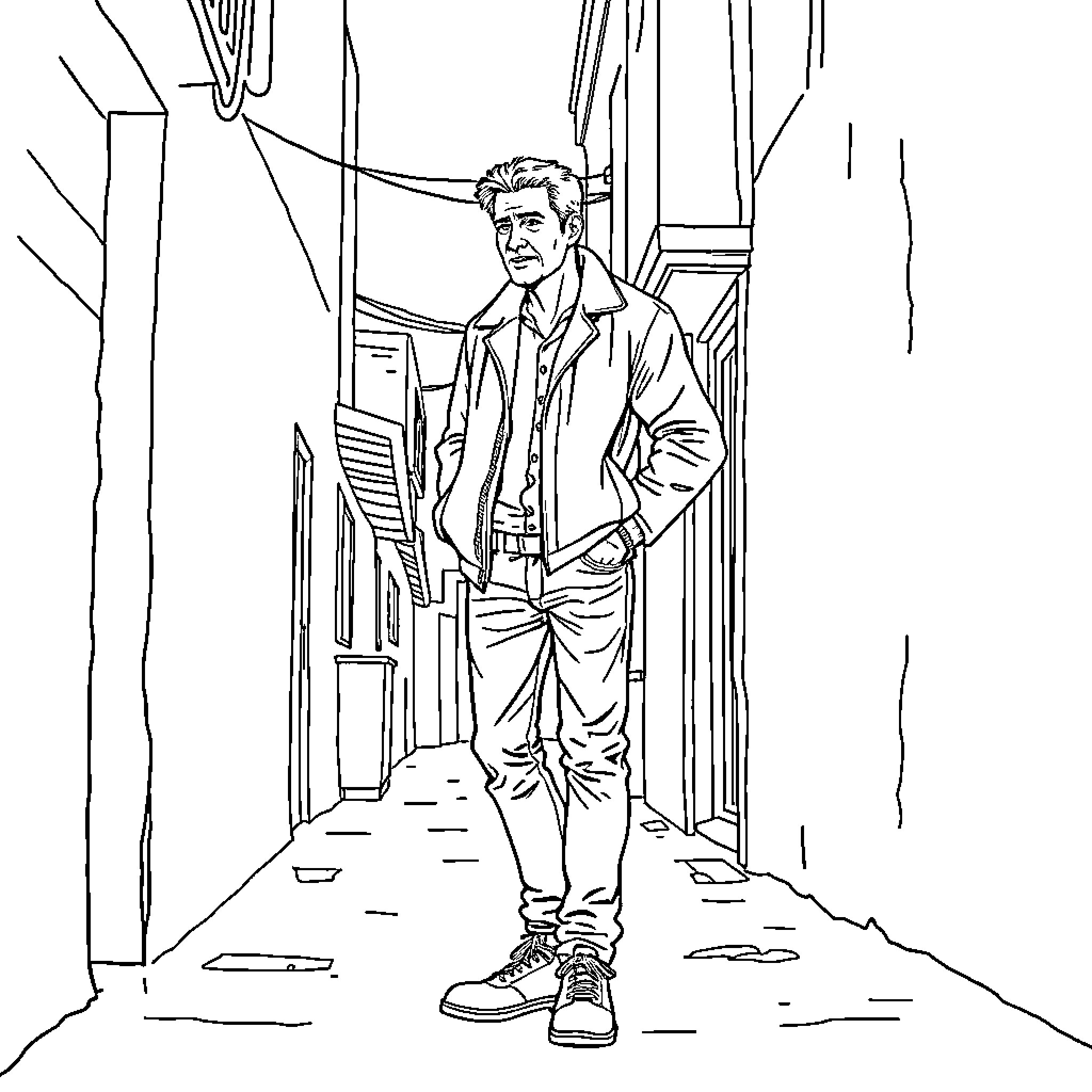 Man walking confidently in urban alley Coloring Page (free black-and-white line drawing printable PDF for all, from beginners to advanced learners, including children, teens, adults, and seniors)