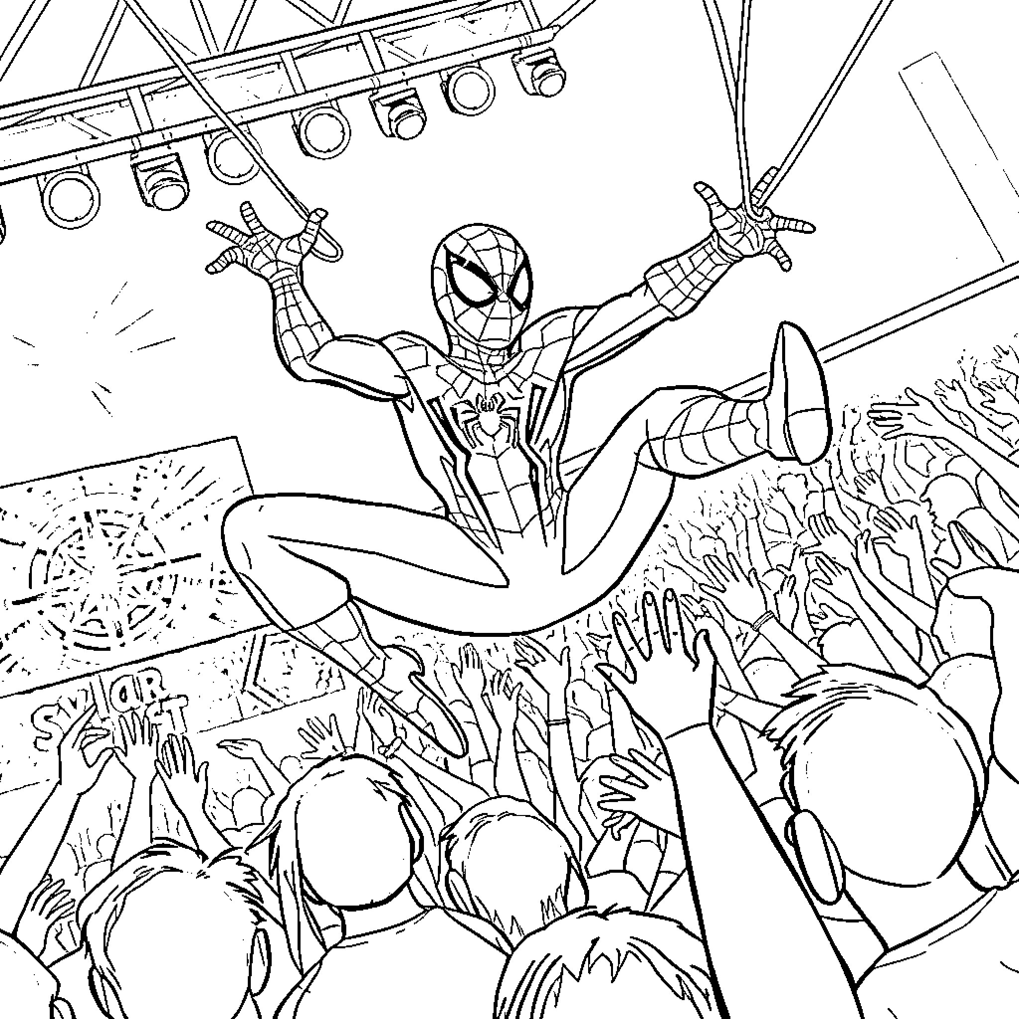 Spider-Man performing heroic stunts on stage Coloring Page (free black-and-white line drawing printable PDF for all, from beginners to advanced learners, including children, teens, adults, and seniors)